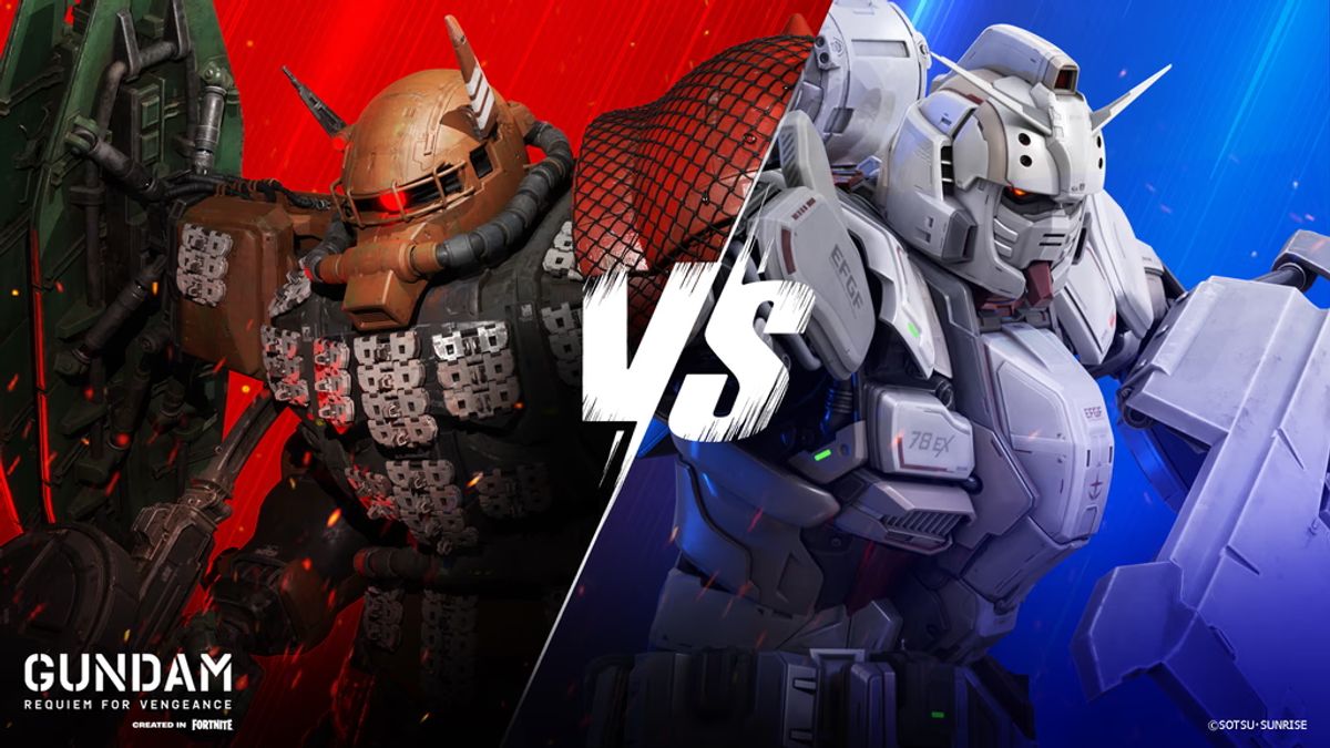 Two robot warriors face off in a poster for a Gundam game.