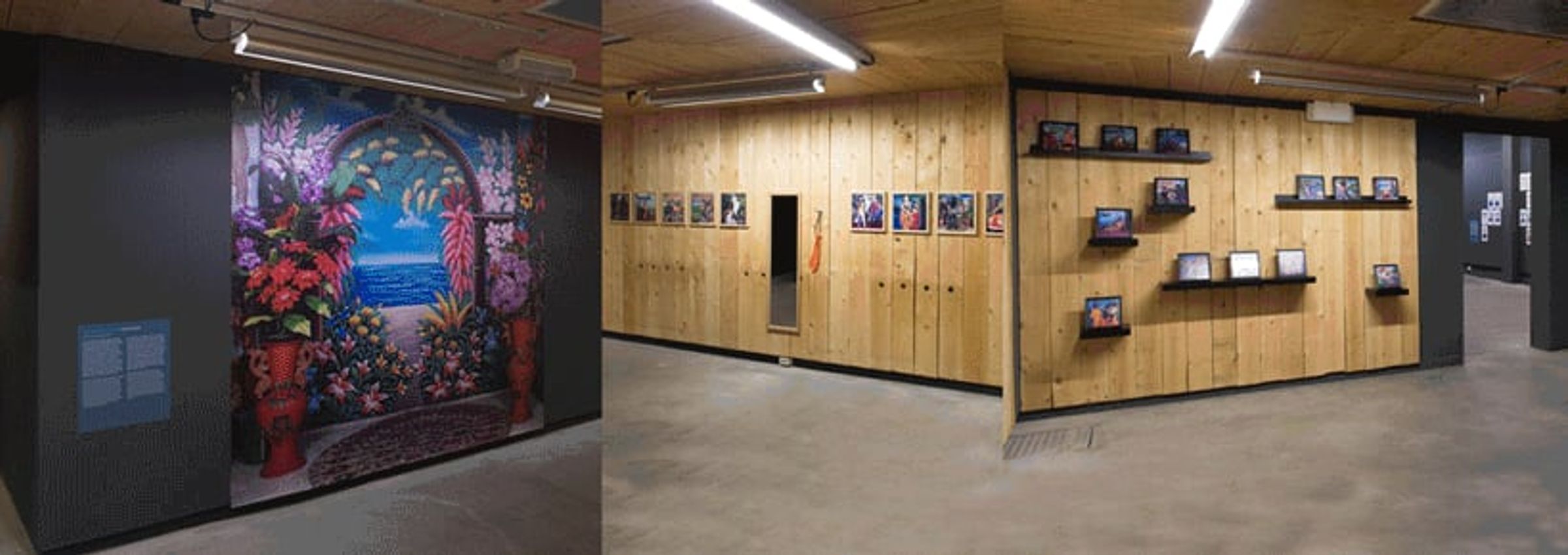 Panoramic exhibition view with a floral mural, framed photographs, and objects displayed along wooden walls.