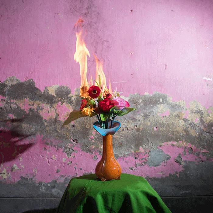 Animated flames consume a bouquet of red and pink flowers in an orange vase against a weathered pink wall.