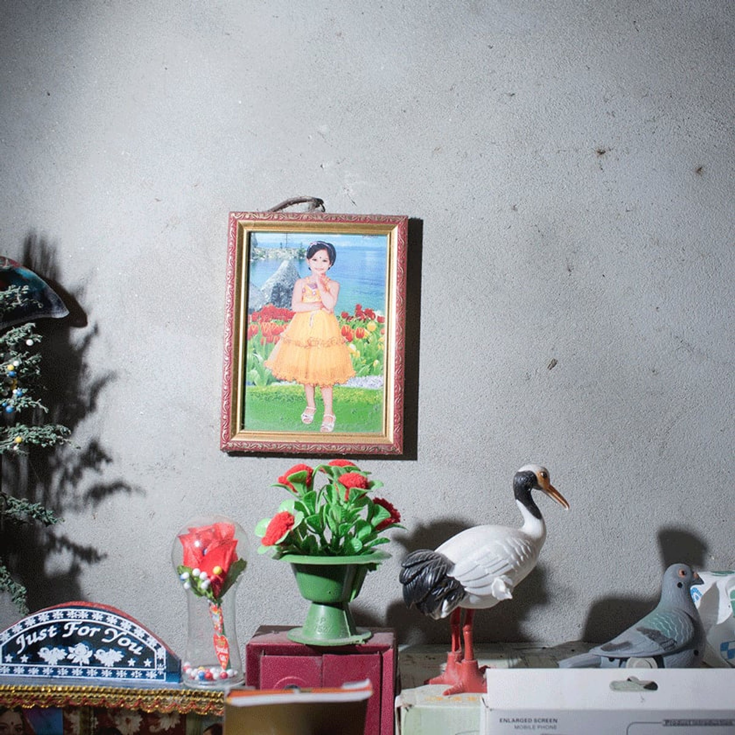 Framed portrait, artificial flowers, ceramic birds, and household ornaments arranged on a wall shelf.