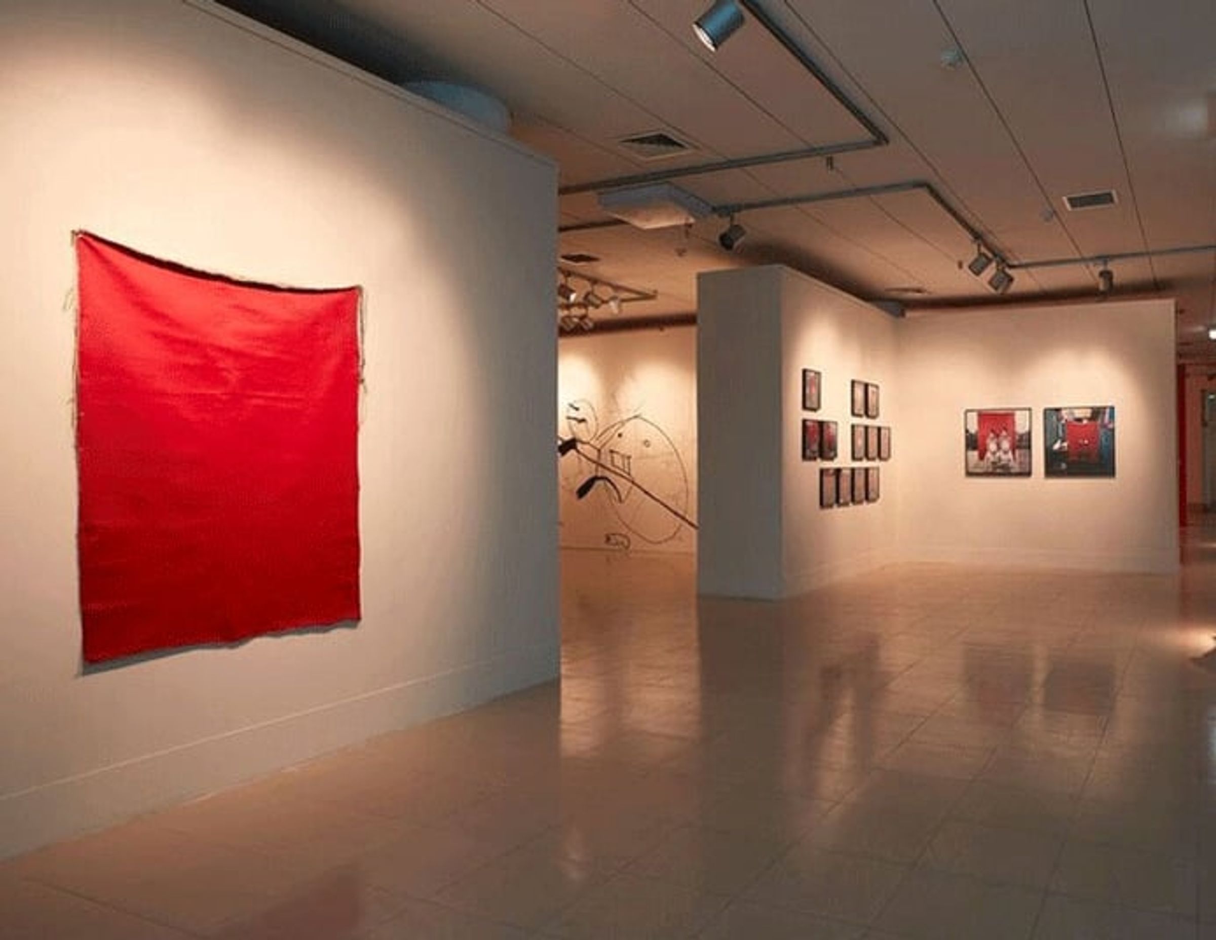 Large red fabric and framed portraits installed in a white-walled gallery.