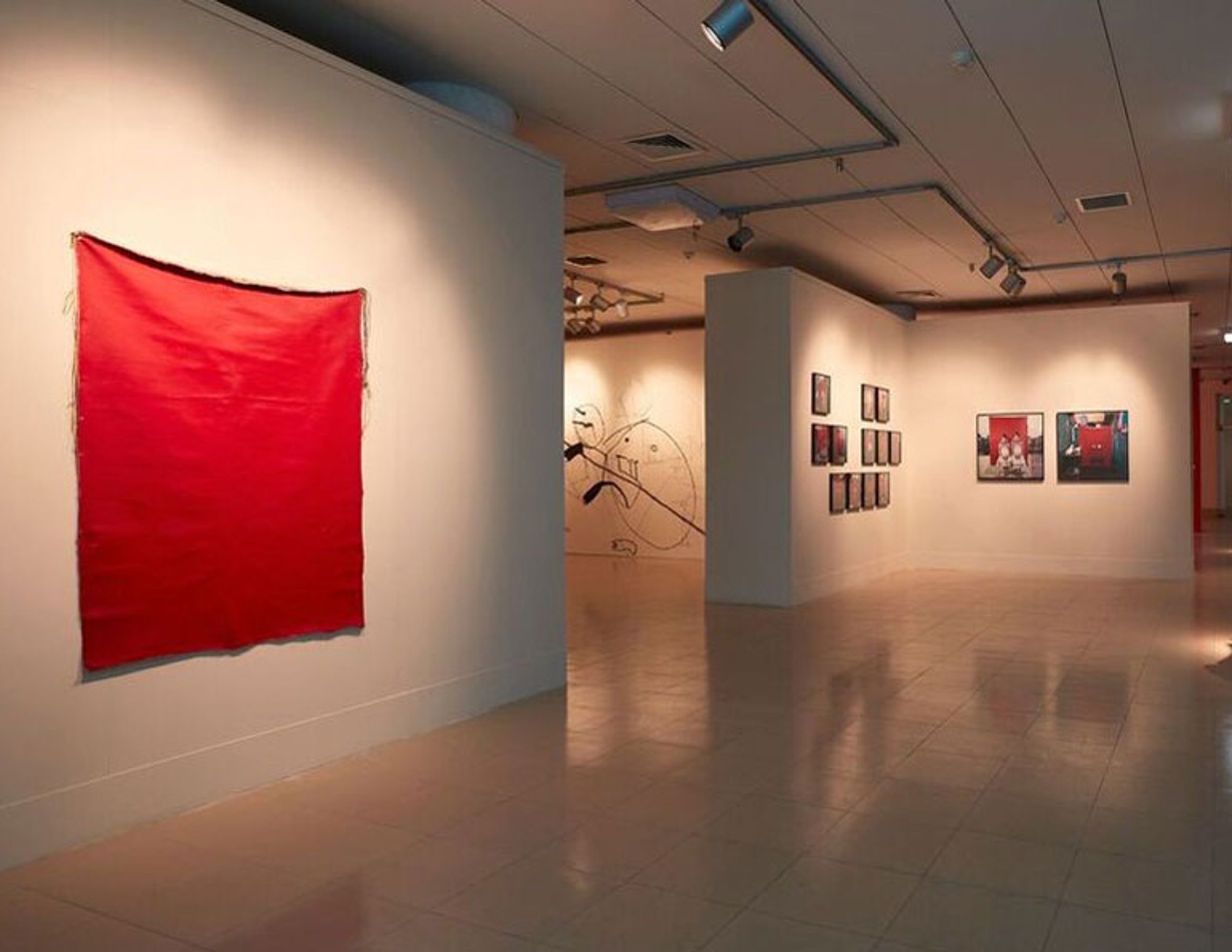 Red fabric hangs on a white gallery wall beside grouped photographs and a branching wall drawing.