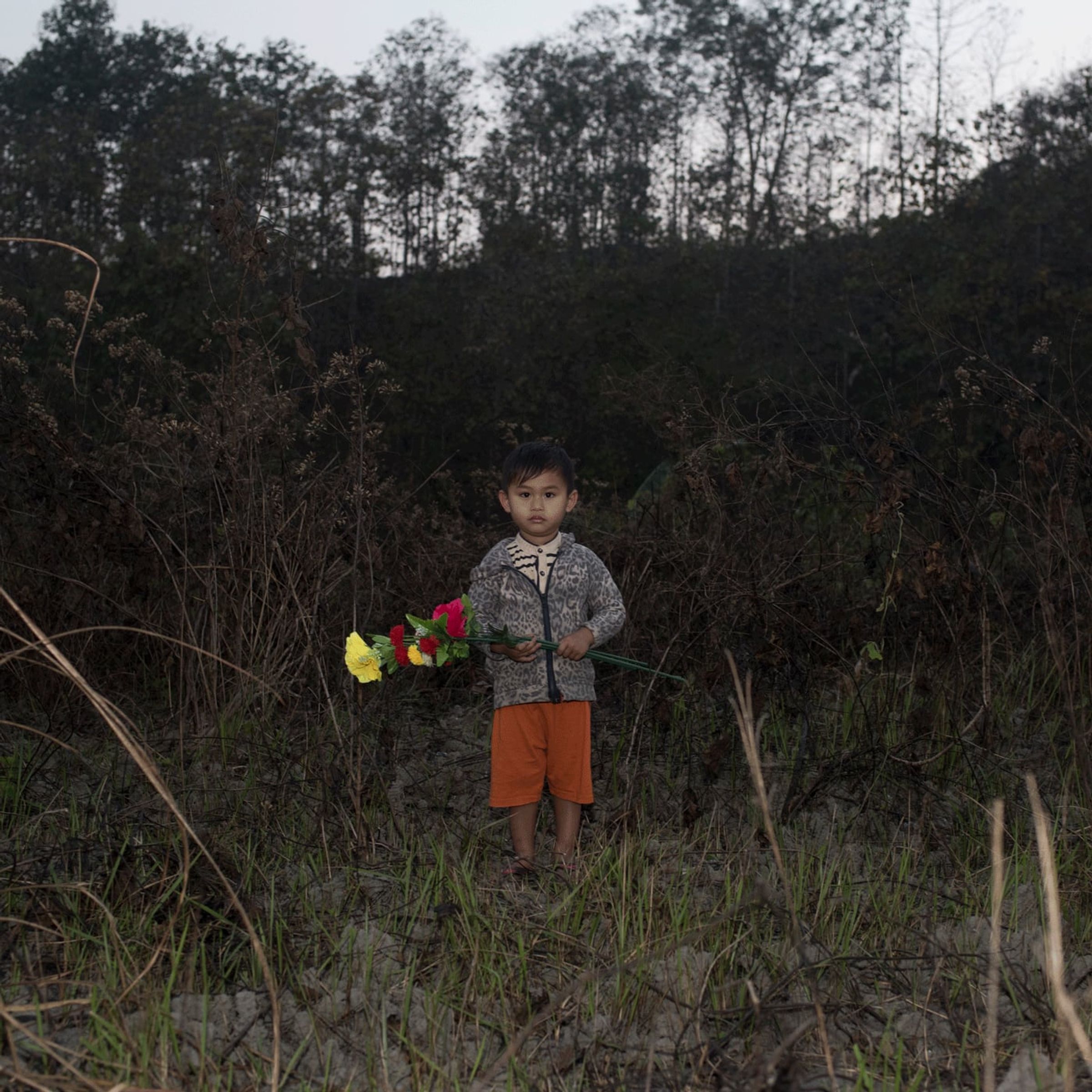 Child holds a small bouquet while standing in a dark, dry woodland clearing.