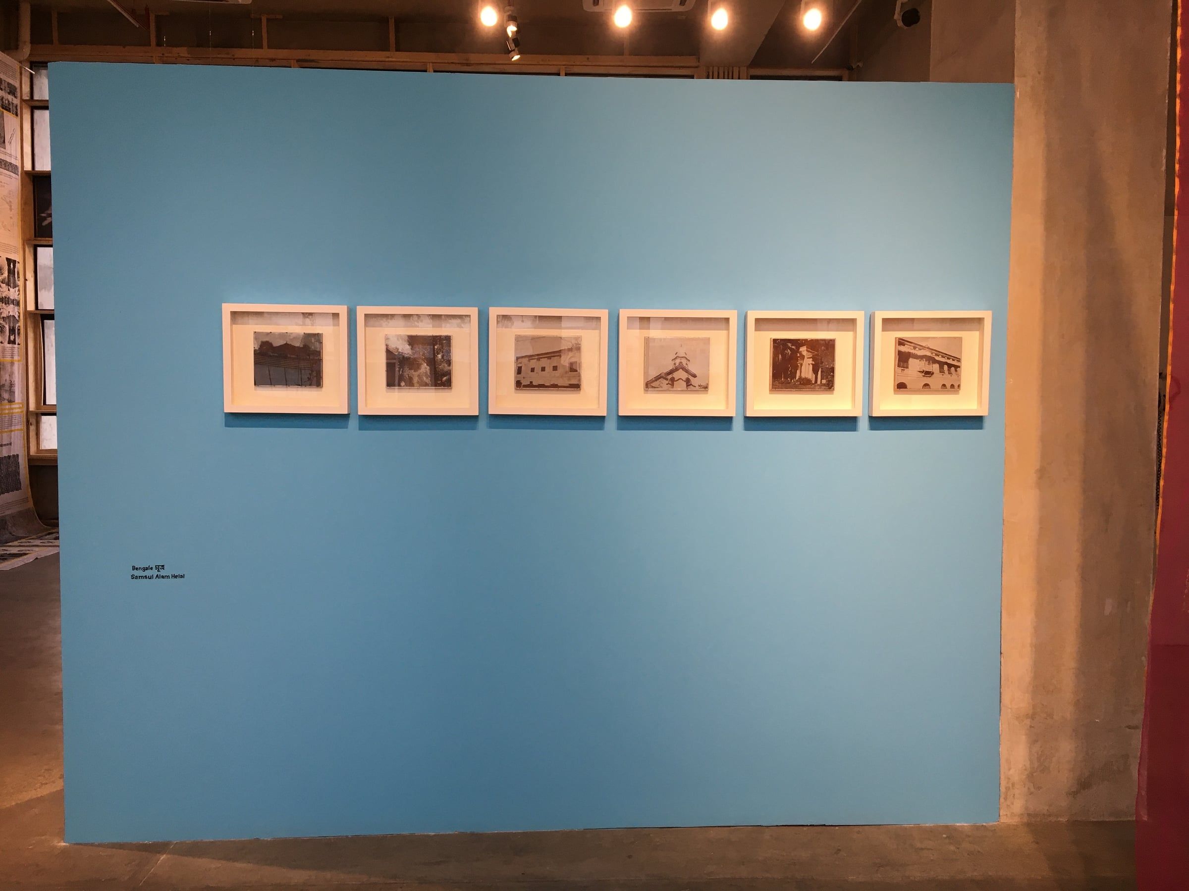 Five small framed zinc plates arranged in a row on a blue gallery wall.