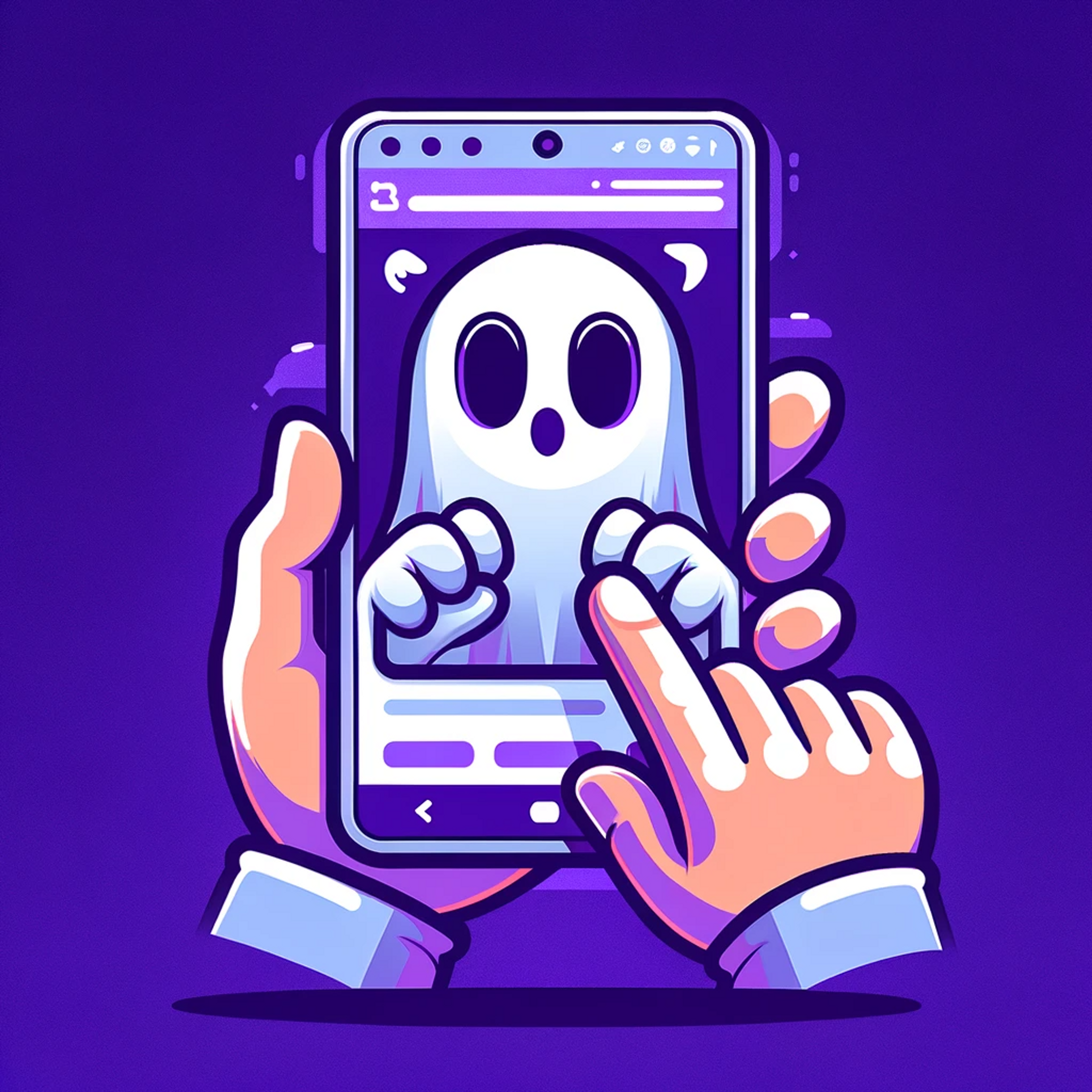 Refined cartoon ghost-like figure using a mobile device, set against a purple background, emphasizing the importance of mobile responsiveness for small businesses.