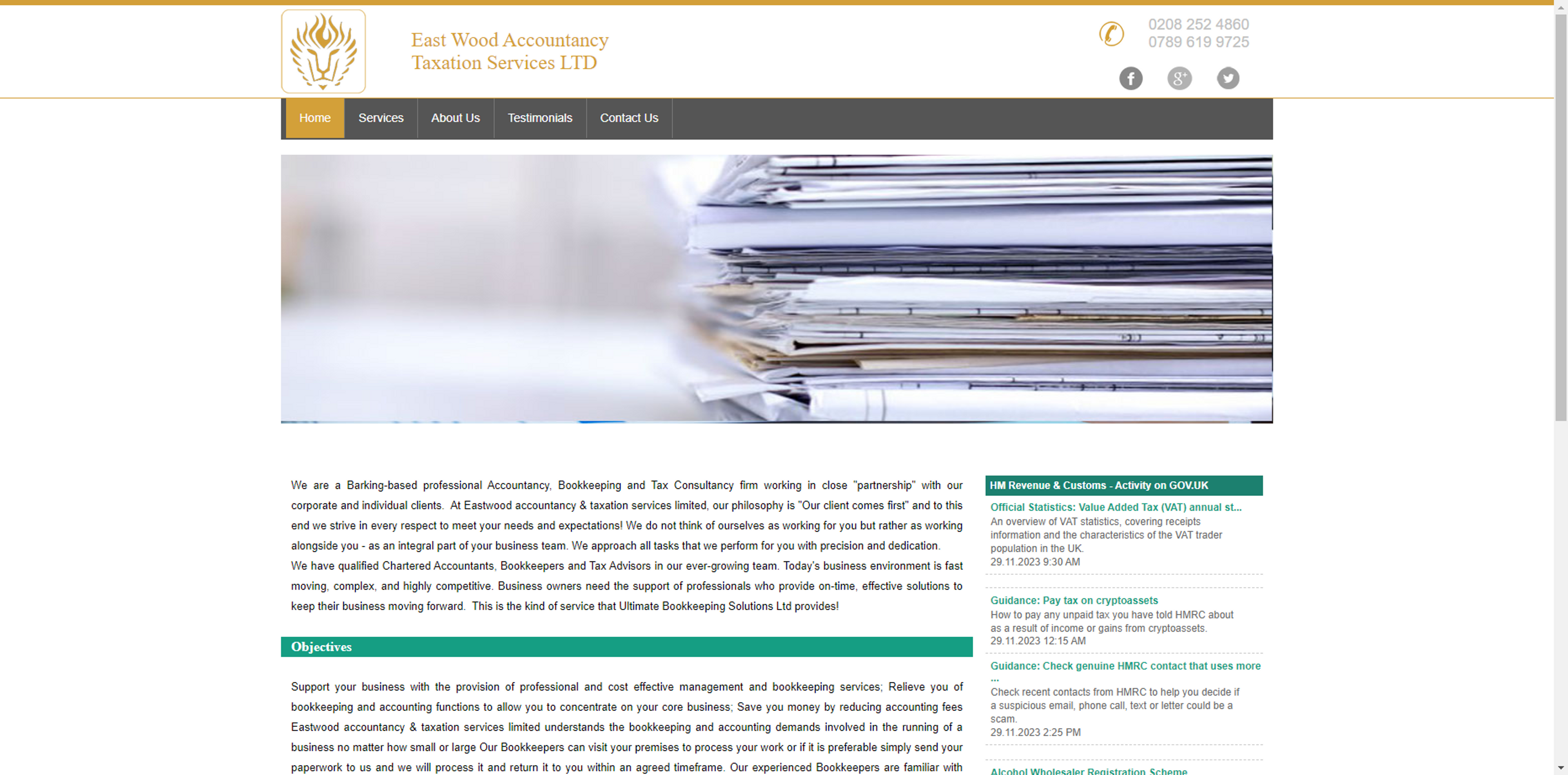 Screenshot of East Wood Accountancy Taxation's old site showing off their hero section and some text