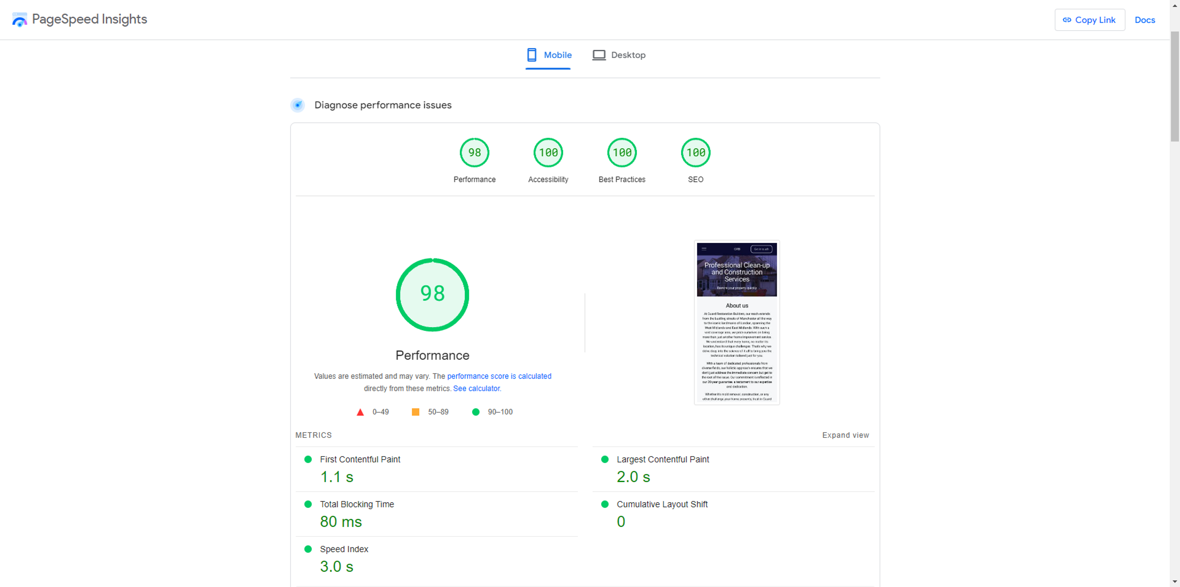 Google PageSpeed mobile results, performance scoring 98 and the rest 100