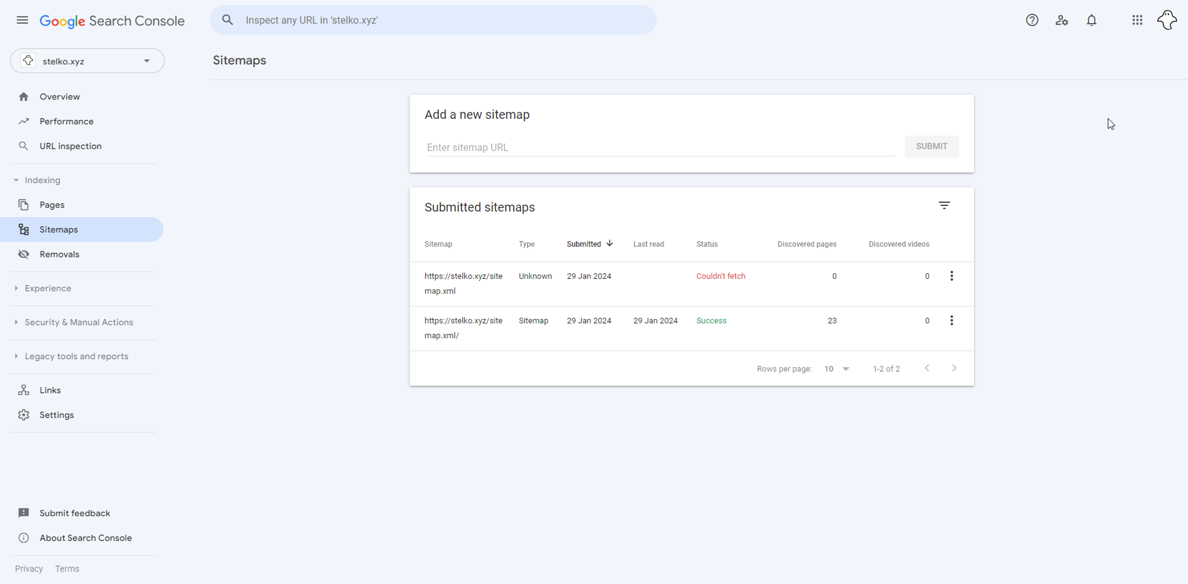 Screenshot of Stelko's Google Search Console sitemaps, showing one success and one failure