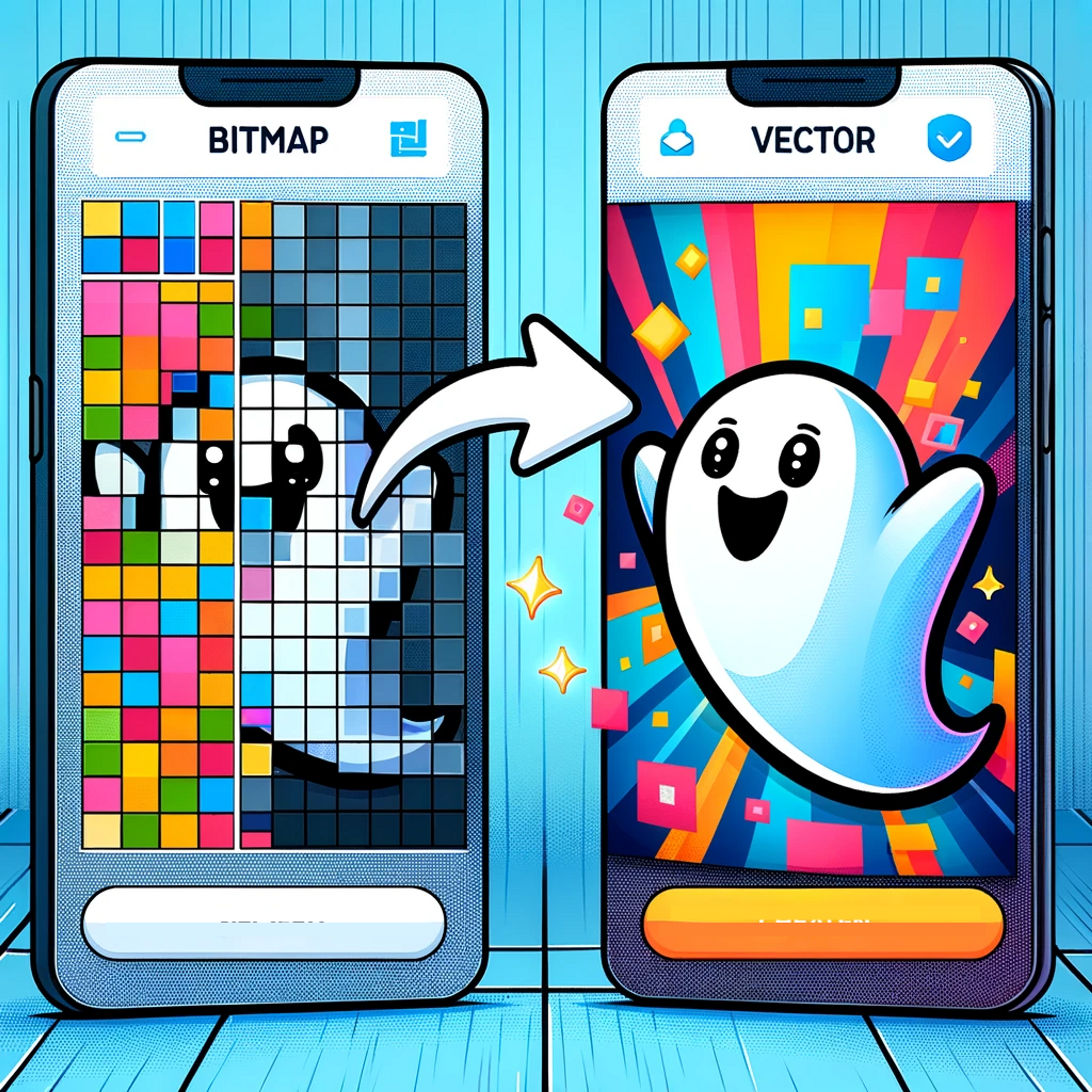 Cartoon-style illustration showing the transformation from a bitmap to a vector image. On the left half, the image is pixelated with discernible colour