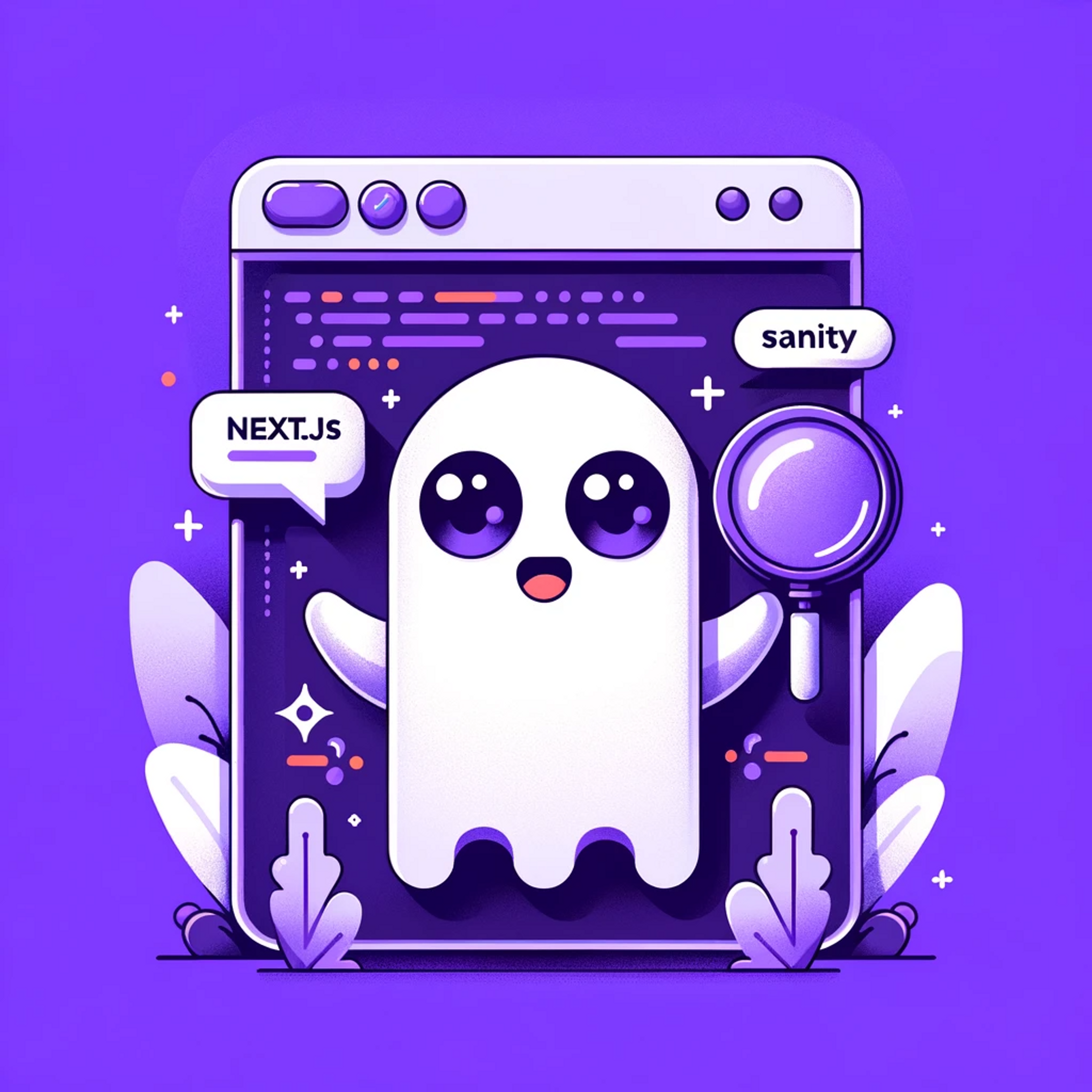 Blog thumbnail focusing on Next.js and Sanity SEO with a playful ghost cartoon character