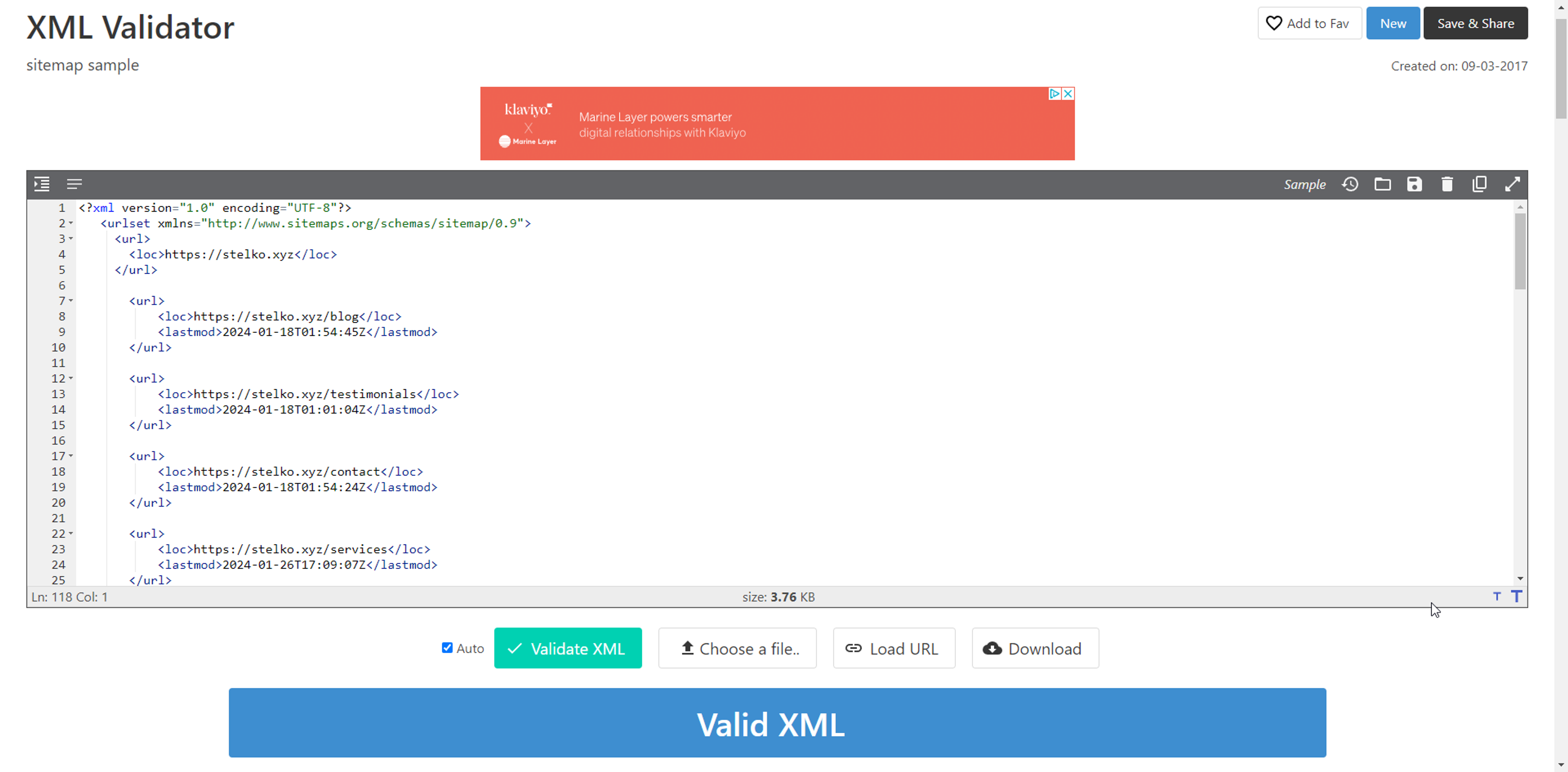 XML sitemap being validated through an online validator, results came back valid