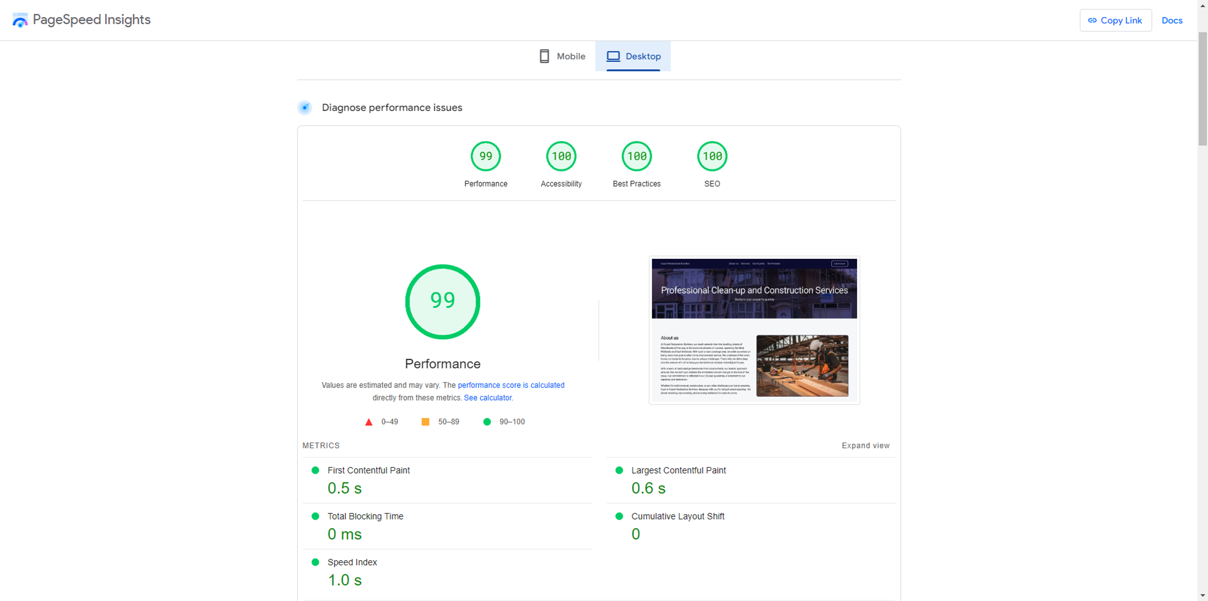 Google PageSpeed desktop results, performance scoring 99 and the rest 100