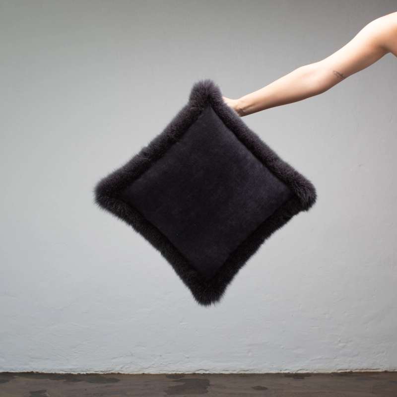 Dark Grey Velvet & Fox Fur Cushion