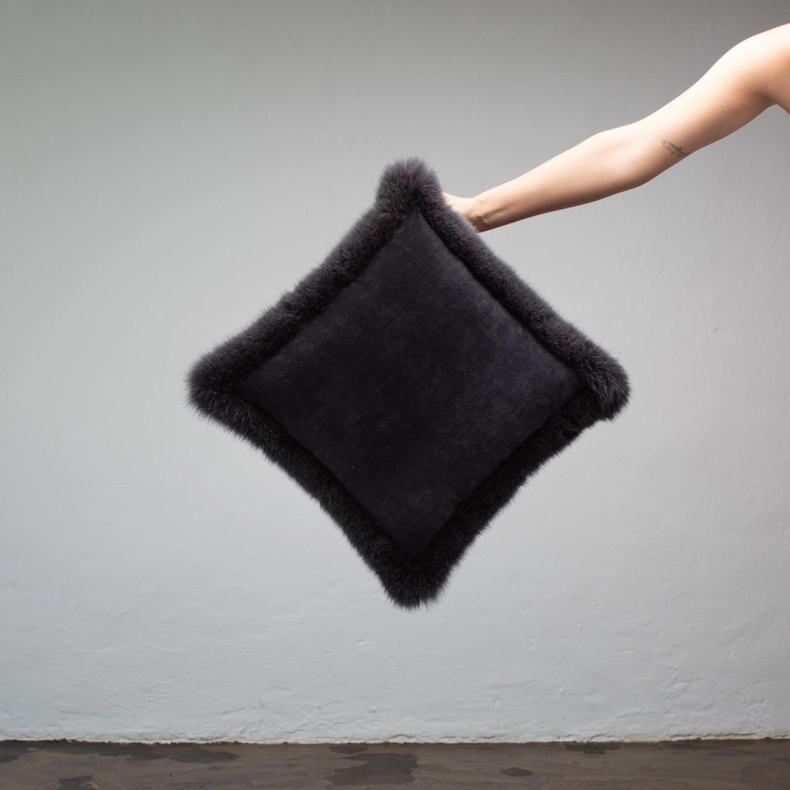 Dark Grey Velvet & Fox Fur Cushion