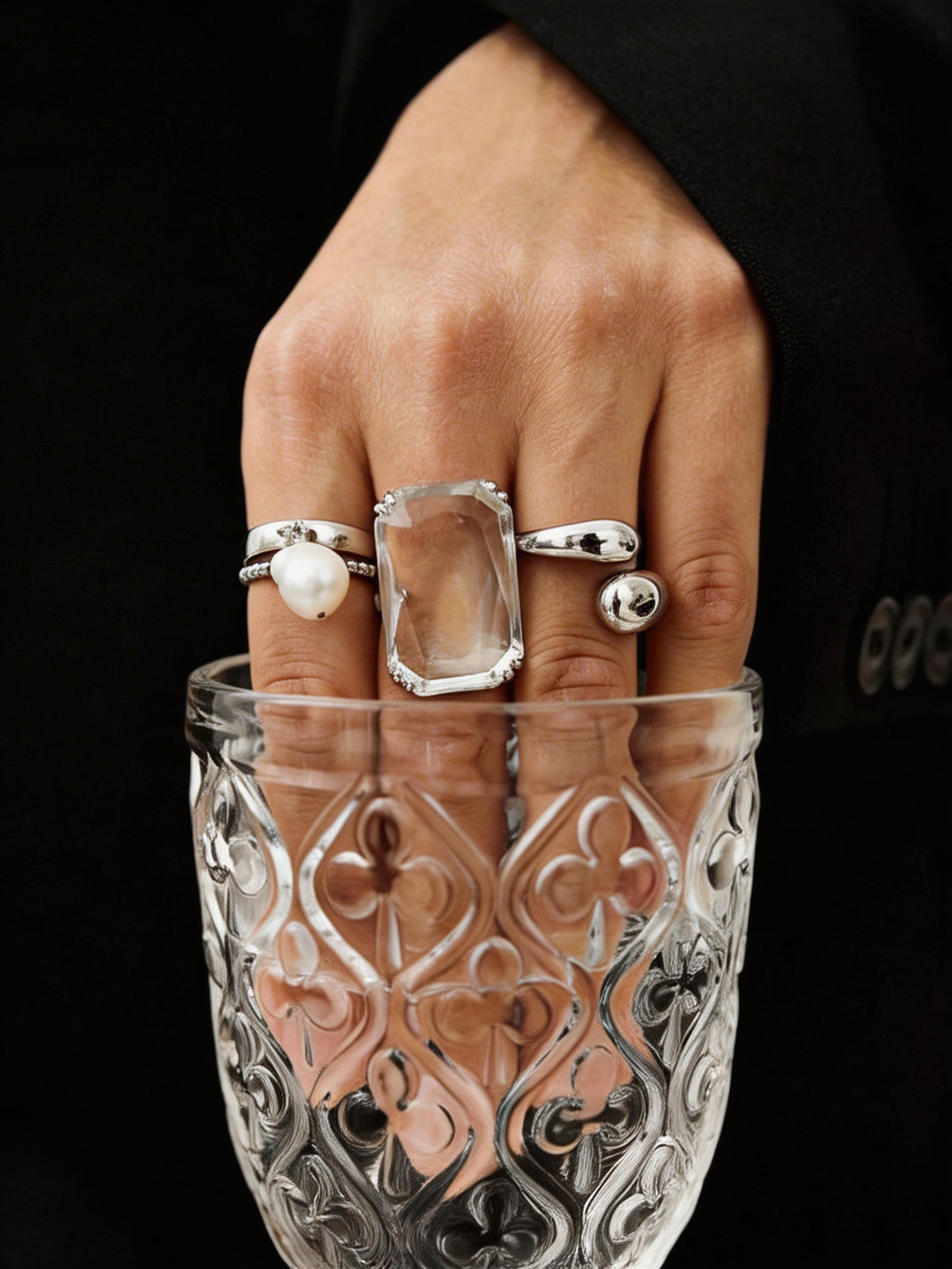 Hand wearing crystal and pearl silver rings resting over a cut-glass tumbler