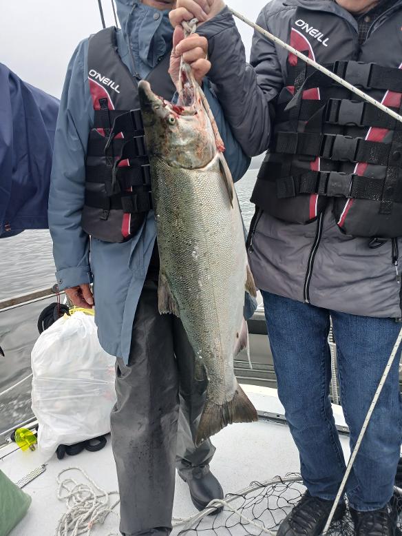 A lady stands with a large salmon she caught