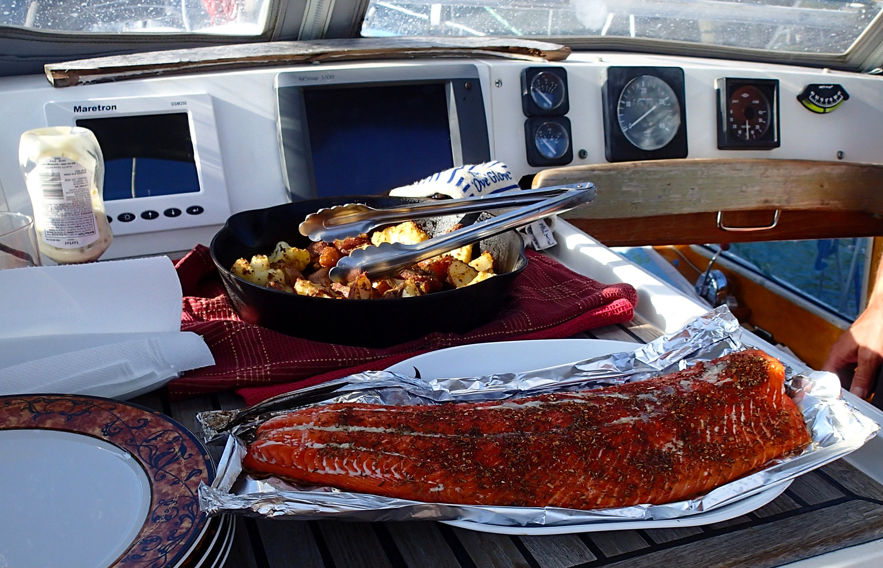 Salmon dinner onboard