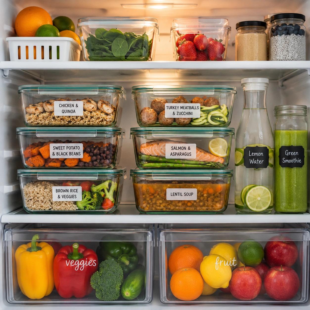 Organized refrigerator with labeled glass meal prep containers filled with healthy prepared meals, fresh fruits, vegetables, smoothies, and drinks neatly arranged on shelves.