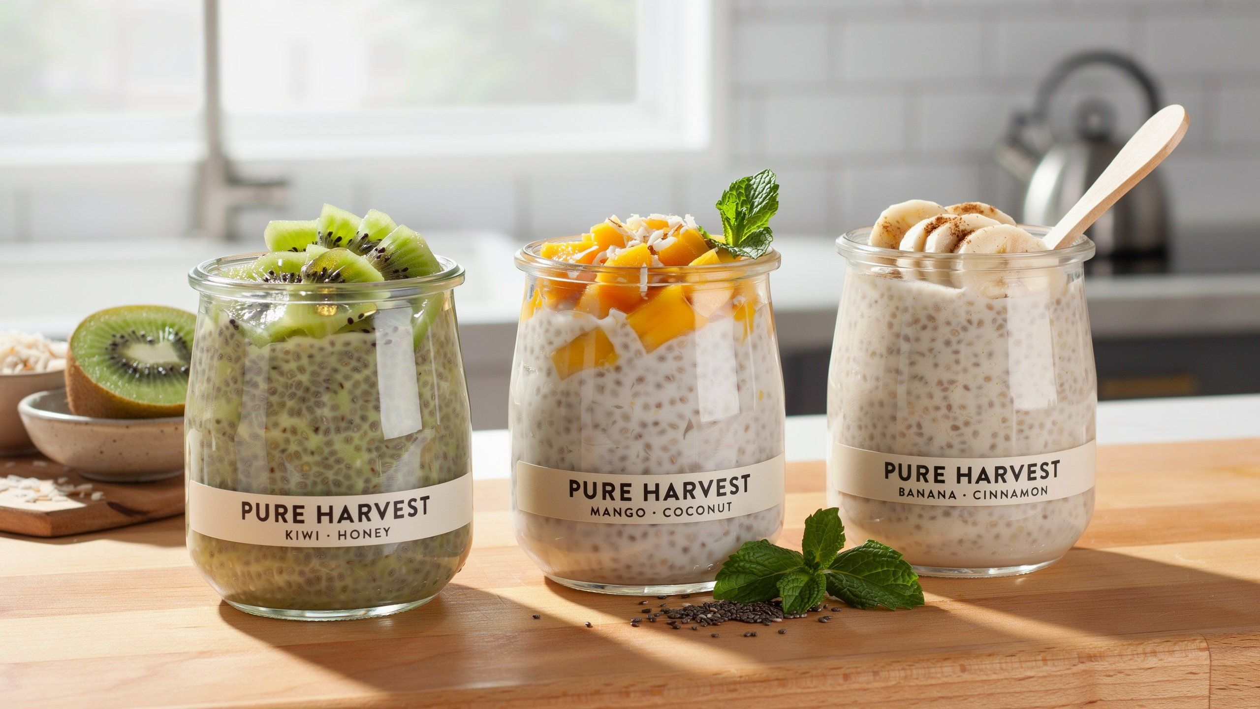 creamy chia seed pudding lined up on a modern kitchen counter. Each jar has a different colorful topping combination: one with kiwi and honey, one with mango and coconut flakes, and one with banana and cinnamon.