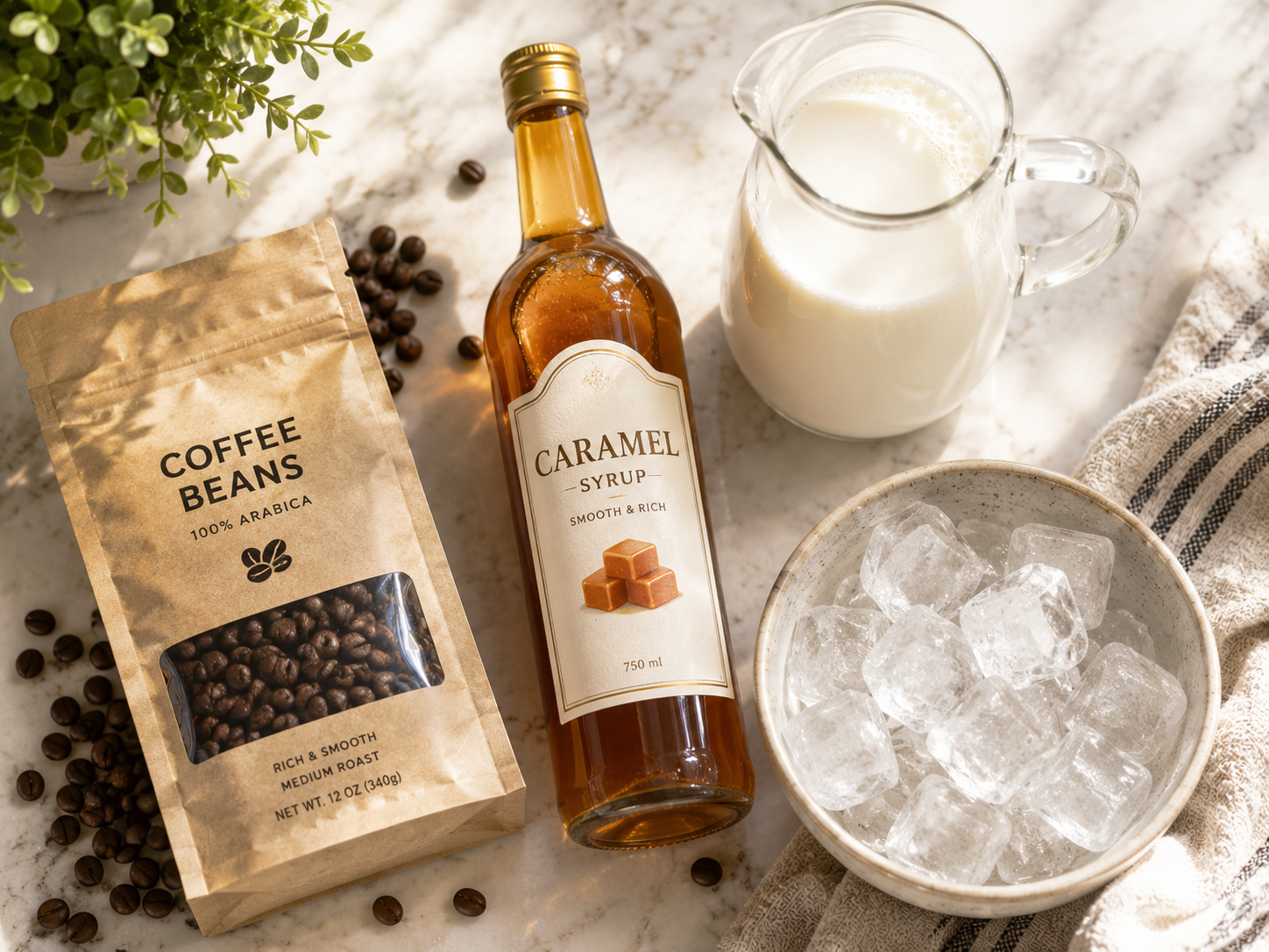Essential budget-friendly ingredients for making a gourmet caramel macchiato and iced latte at home.