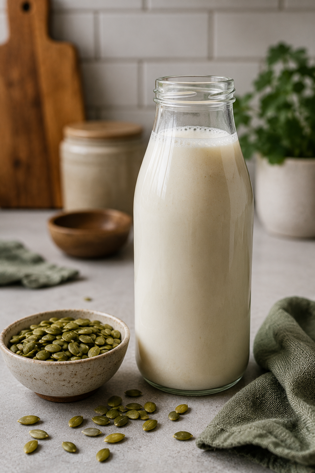 A bottle of fresh homemade pumpkin seed milk next to a bowl of raw green pepitas on a kitchen counter