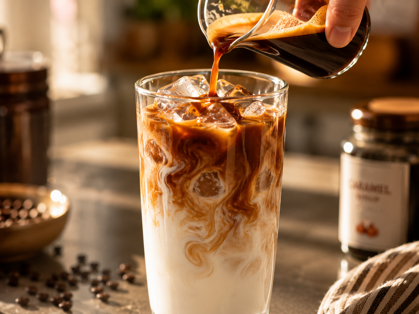 Step-by-step tutorial showing hot espresso being poured over iced milk to create beautiful layers for a DIY caramel macchiato.