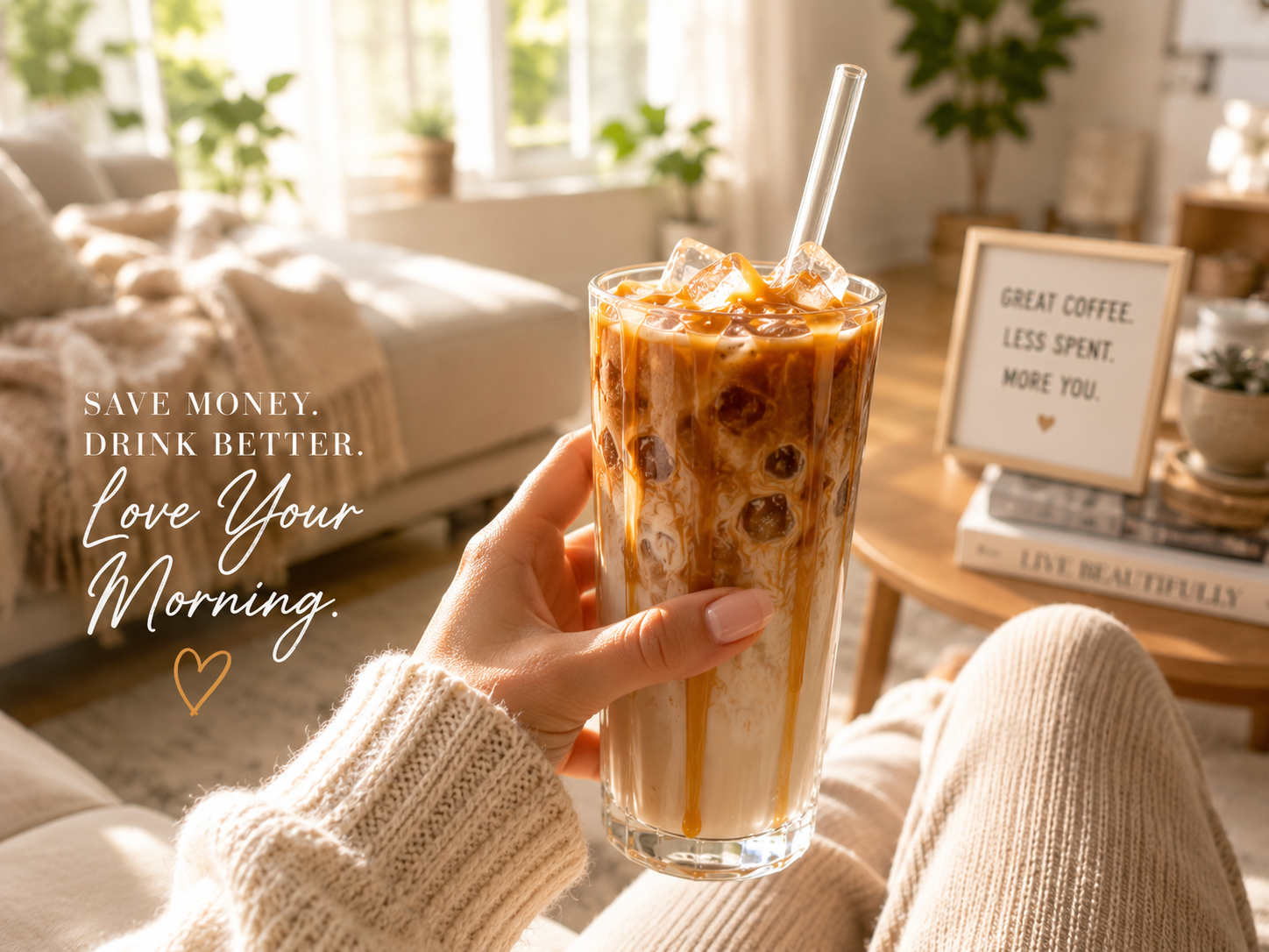 Enjoying a budget-friendly, cafe-quality iced caramel latte comfortably at home.