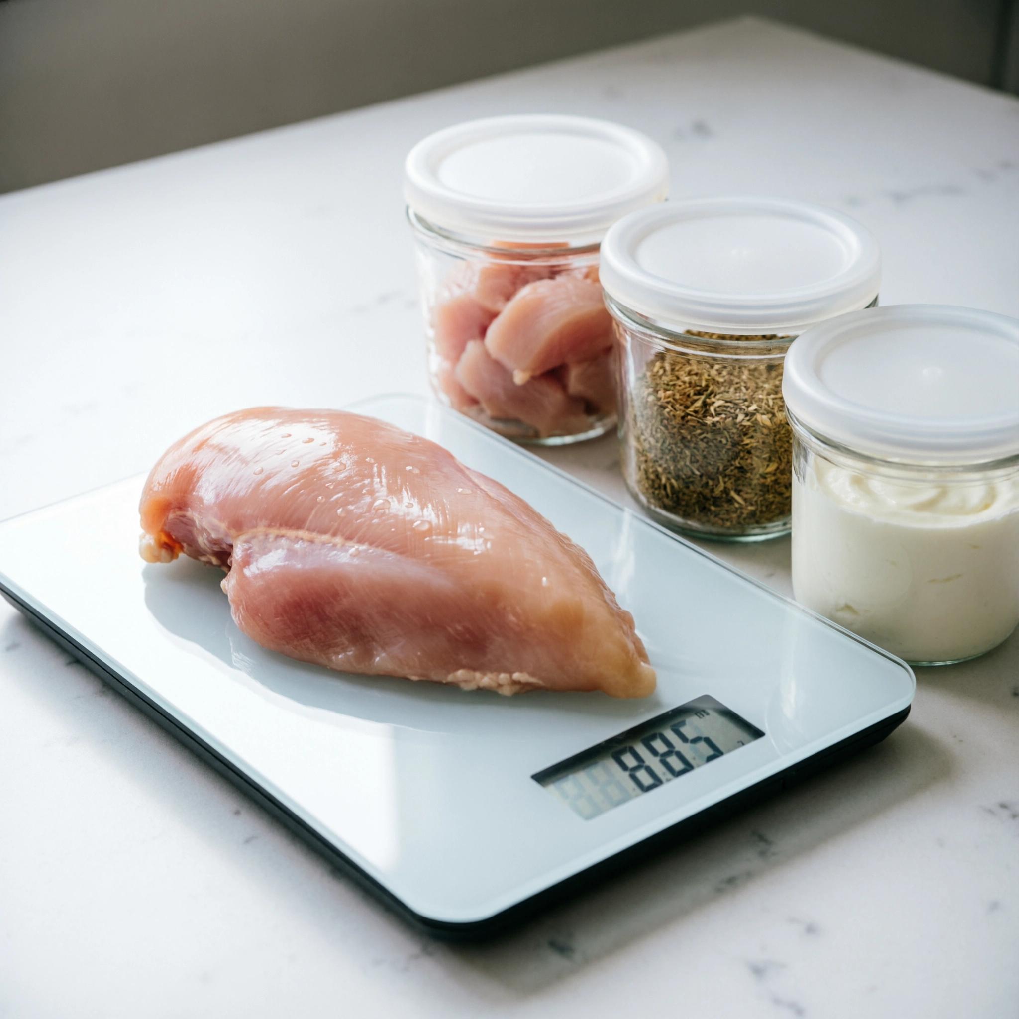 A digital scale weighing fresh chicken breast next to glass containers