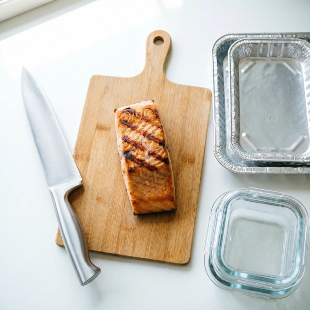 Essential budget-friendly meal prep tools including a knife, cutting board, and containers.