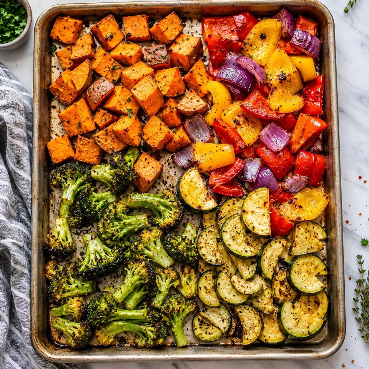 Top-down view of a sheet pan filled with roasted sweet potatoes, broccoli, zucchini, red onions, and colorful bell peppers seasoned with herbs and spices on a marble countertop.