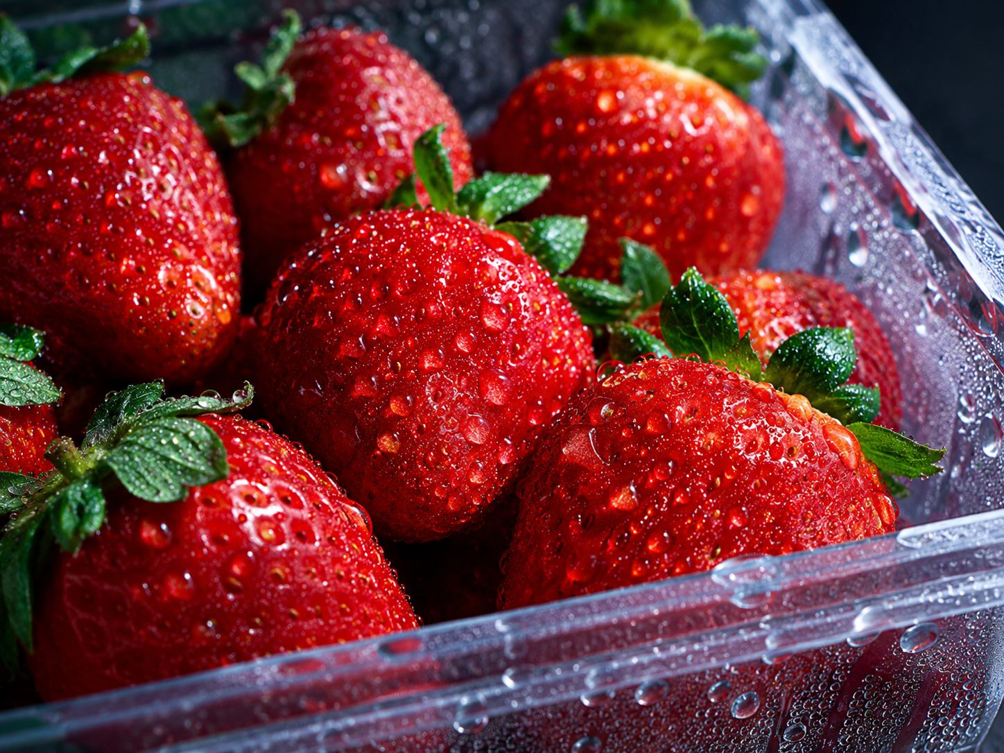 A macro food photography shot of fresh red strawberries inside a plastic container, covered with heavy water droplets and condensation.