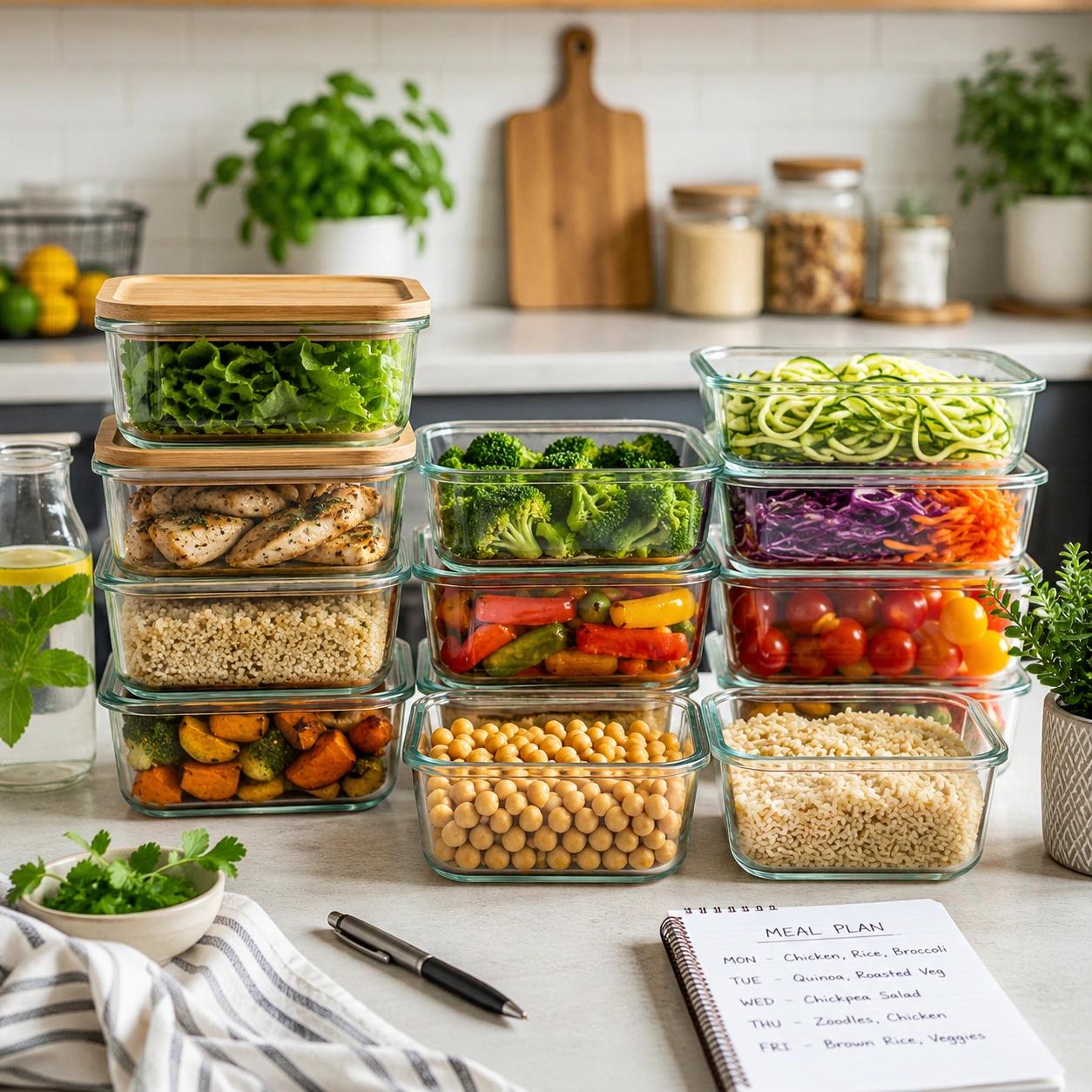 Meal prep containers filled with fresh vegetables, chicken, rice, and healthy ingredients arranged on a bright modern kitchen counter with a weekly meal planning notebook.