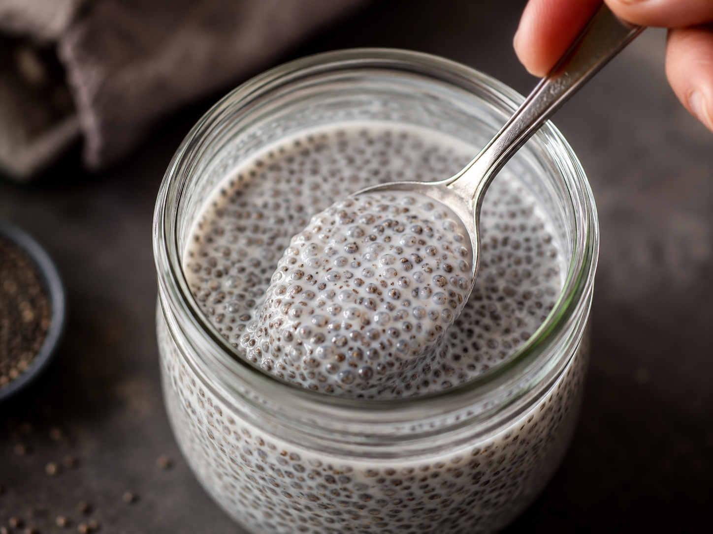 close-up macro shot of chia seeds swelling in almond milk inside a glass jar. A human hand is gently stirring the mixture with a silver spoon.