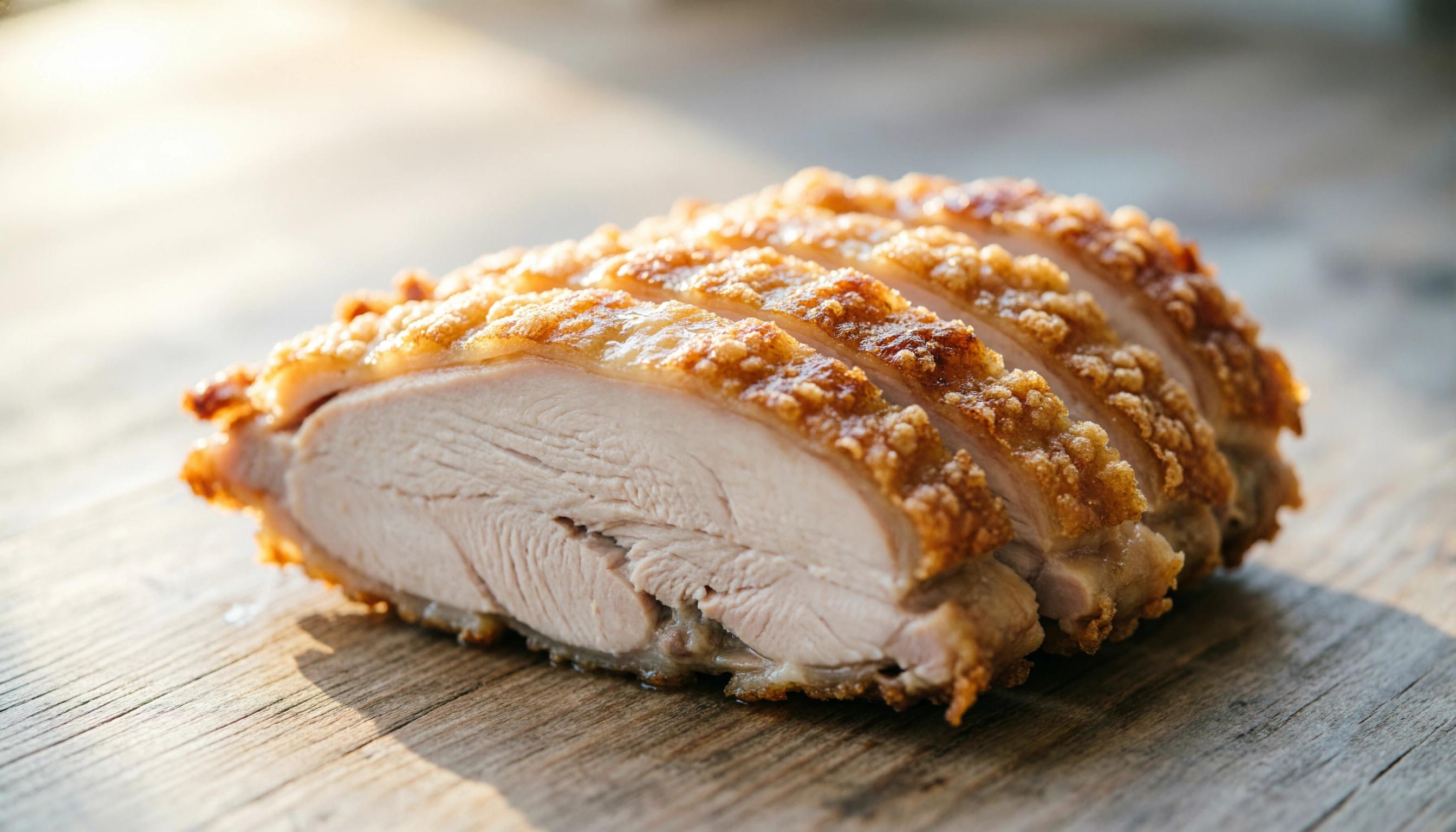 Sliced crispy chicken on a wooden table