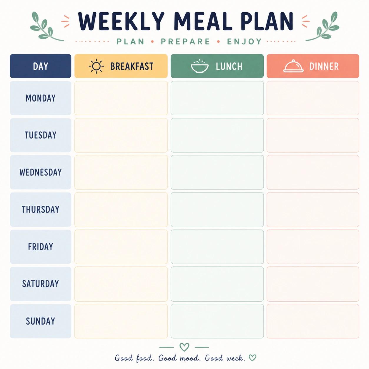 A clean square-format weekly meal planner template with a minimalist pastel design. The layout includes columns for Breakfast, Lunch, and Dinner, and rows for each day of the week from Monday to Sunday. Decorative food-themed icons and soft colors create an organized and modern look suitable for meal planning