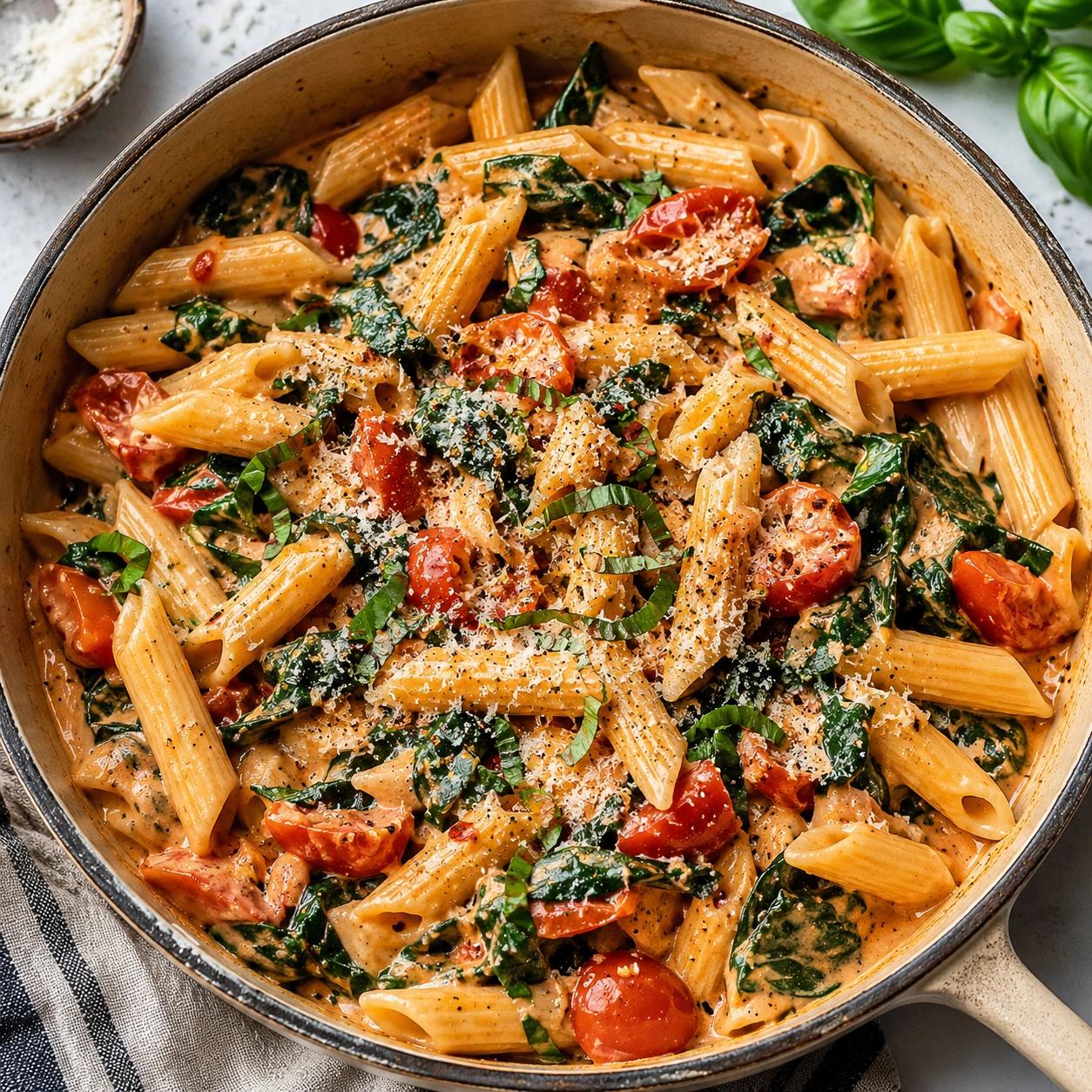 Creamy one-pot gluten-free pasta with spinach and tomatoes in a rustic pan, 8k food photography.