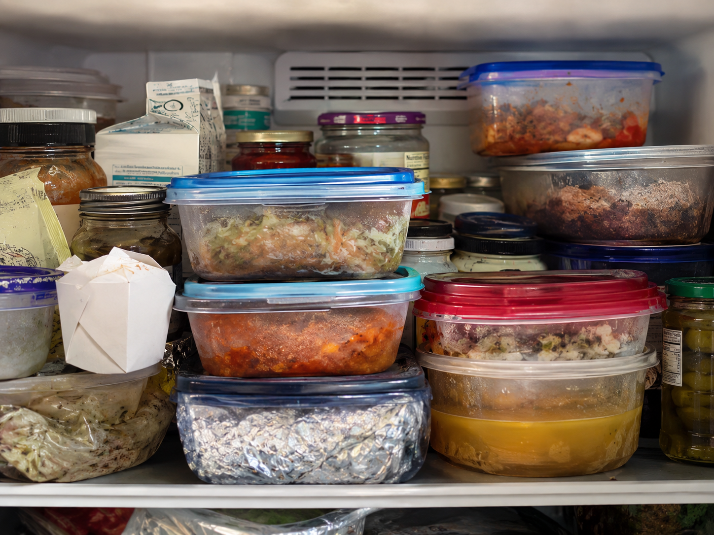 A close-up shot of a messy, completely overloaded refrigerator shelf. Plastic containers, leftovers, and jars are crammed tightly together with no space between them, blocking the vents.