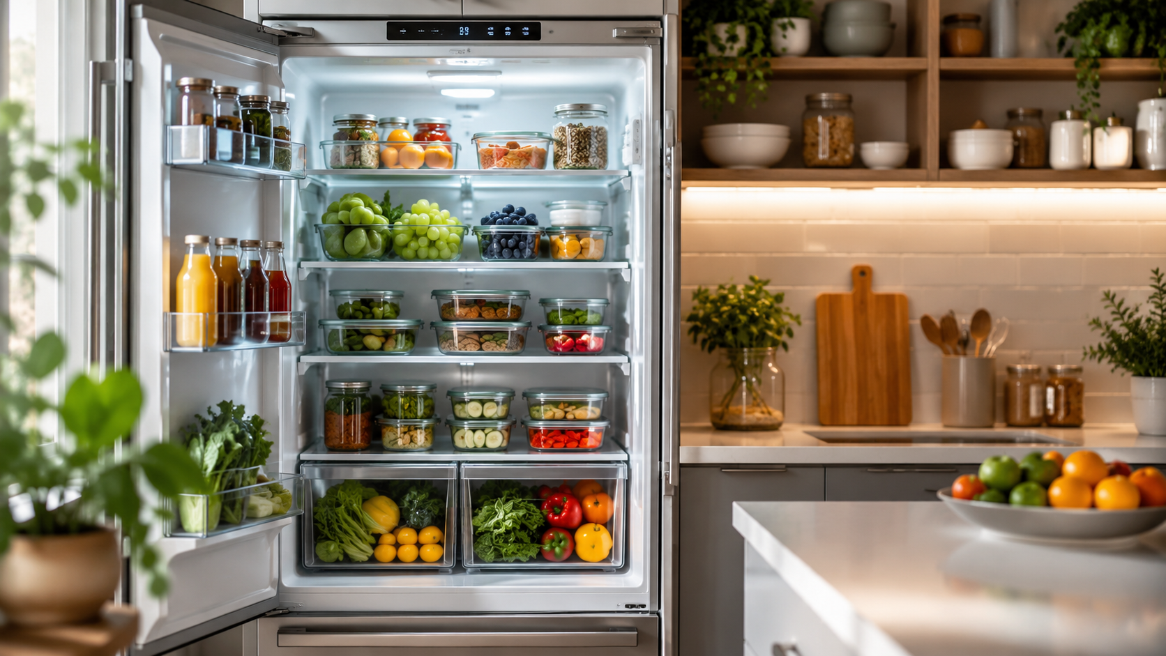 A beautiful, modern kitchen with an open, glowing refrigerator door. Inside, the shelves are neatly organized with fresh fruits, vegetables, and clear glass meal prep containers.