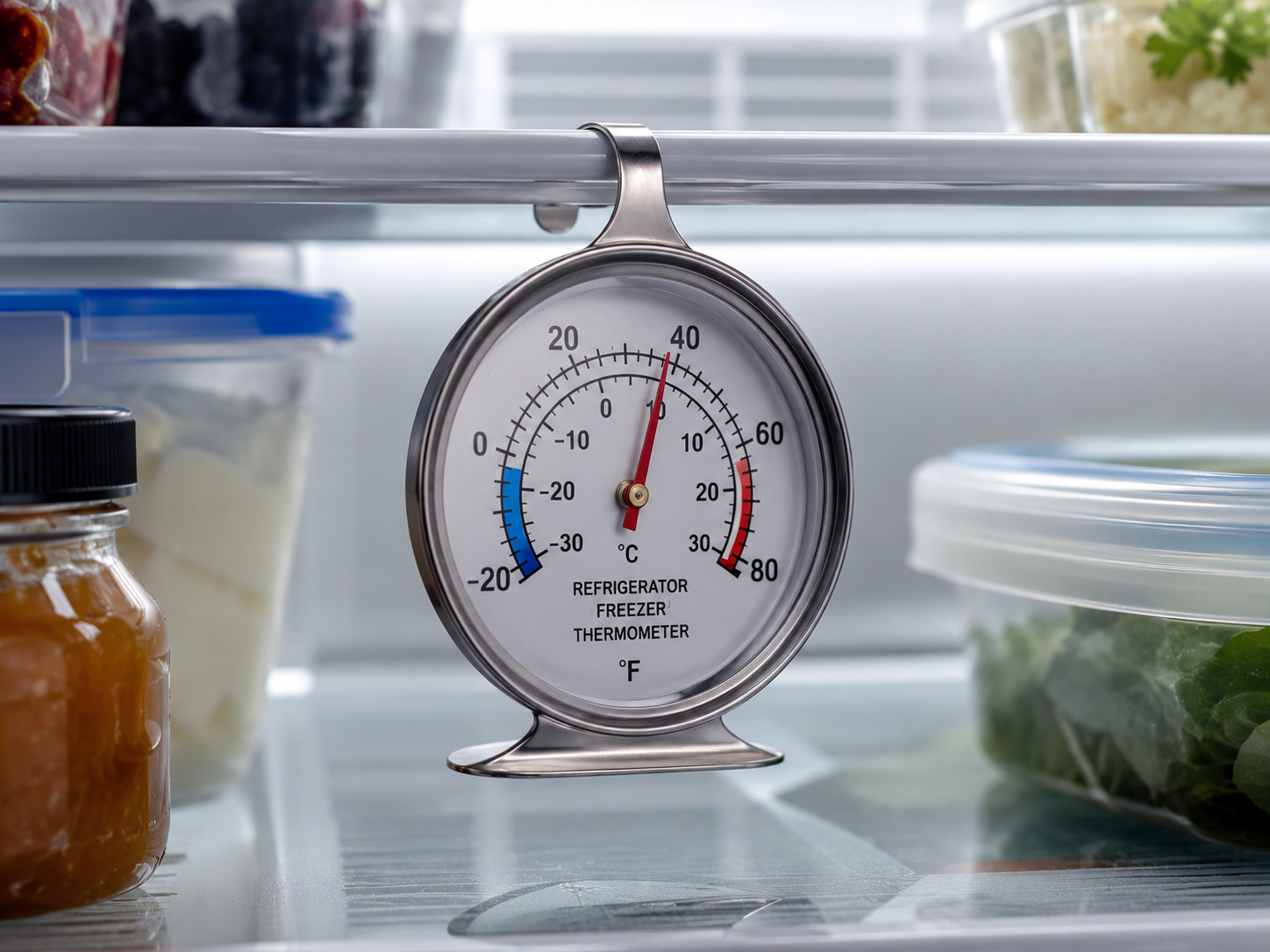 A close-up shot of a small stainless steel analog refrigerator thermometer hanging on a shelf inside a fridge.