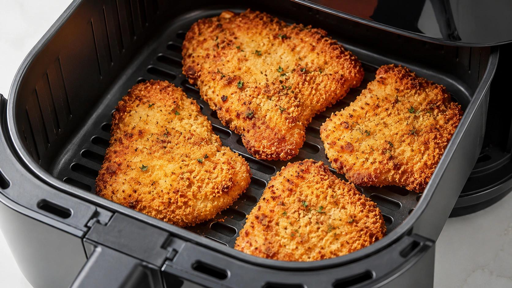 Close-up view of crispy breaded chicken cutlets cooking inside a modern air fryer basket. The golden-brown panko coating has a crunchy texture with toasted edges and small herb flakes scattered across the surface. The dark air fryer contrasts with the warm, crispy chicken in a clean 16:9 composition.
