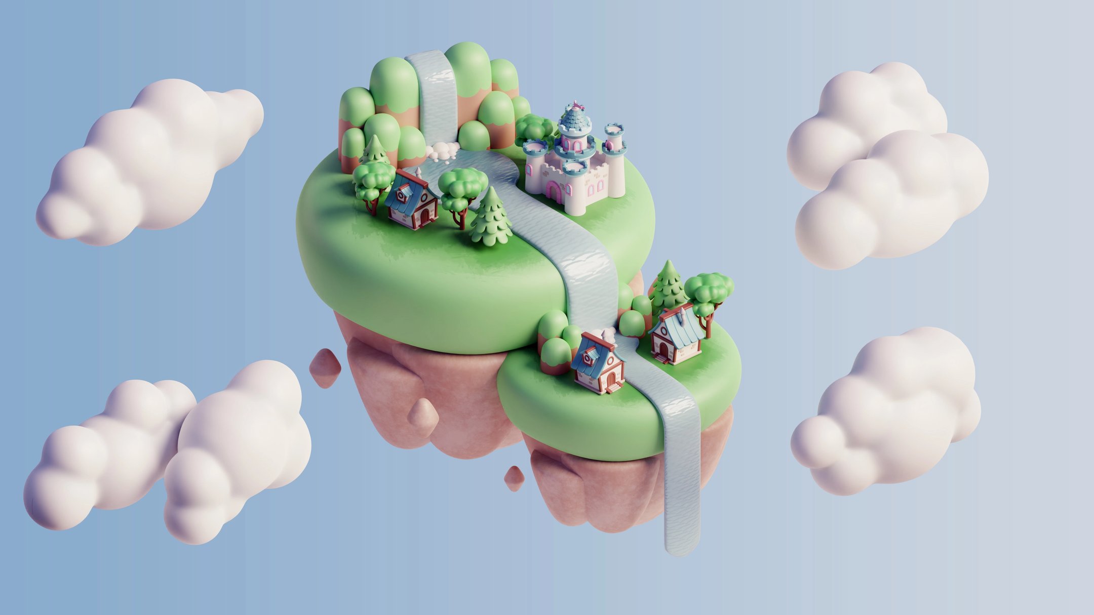 Illustration of a lightweight 3D object floating among clouds