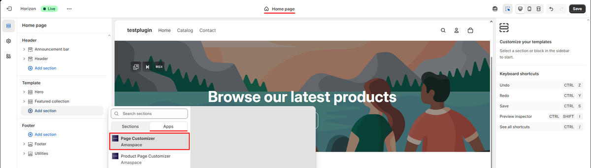Screenshot of the Shopify theme editor “Add section” panel with the Apps category open and the Amaspace AMA Customizer block selected.