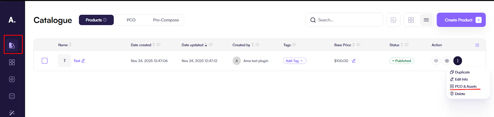 Screenshot of the Amaspace product catalog page at app.amaspace.co/catalog with a list of products.
