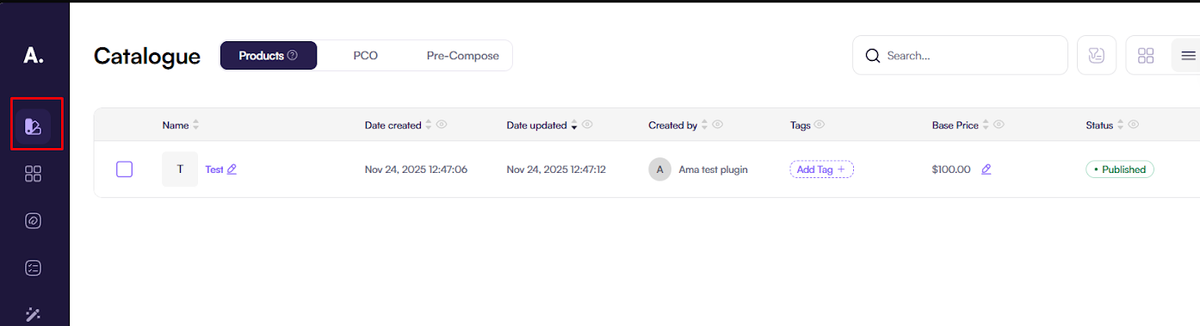 Screenshot of the Amaspace product catalog page at app.amaspace.co/catalog with a list of products.