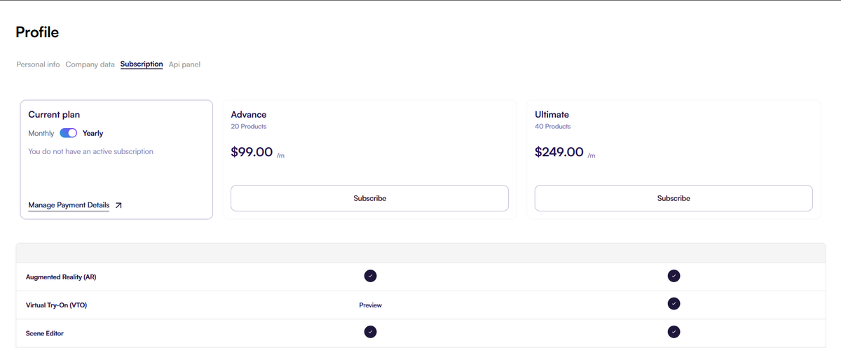 Screenshot of the Amaspace pricing page showing multiple subscription plans with their features and a button to select a plan.