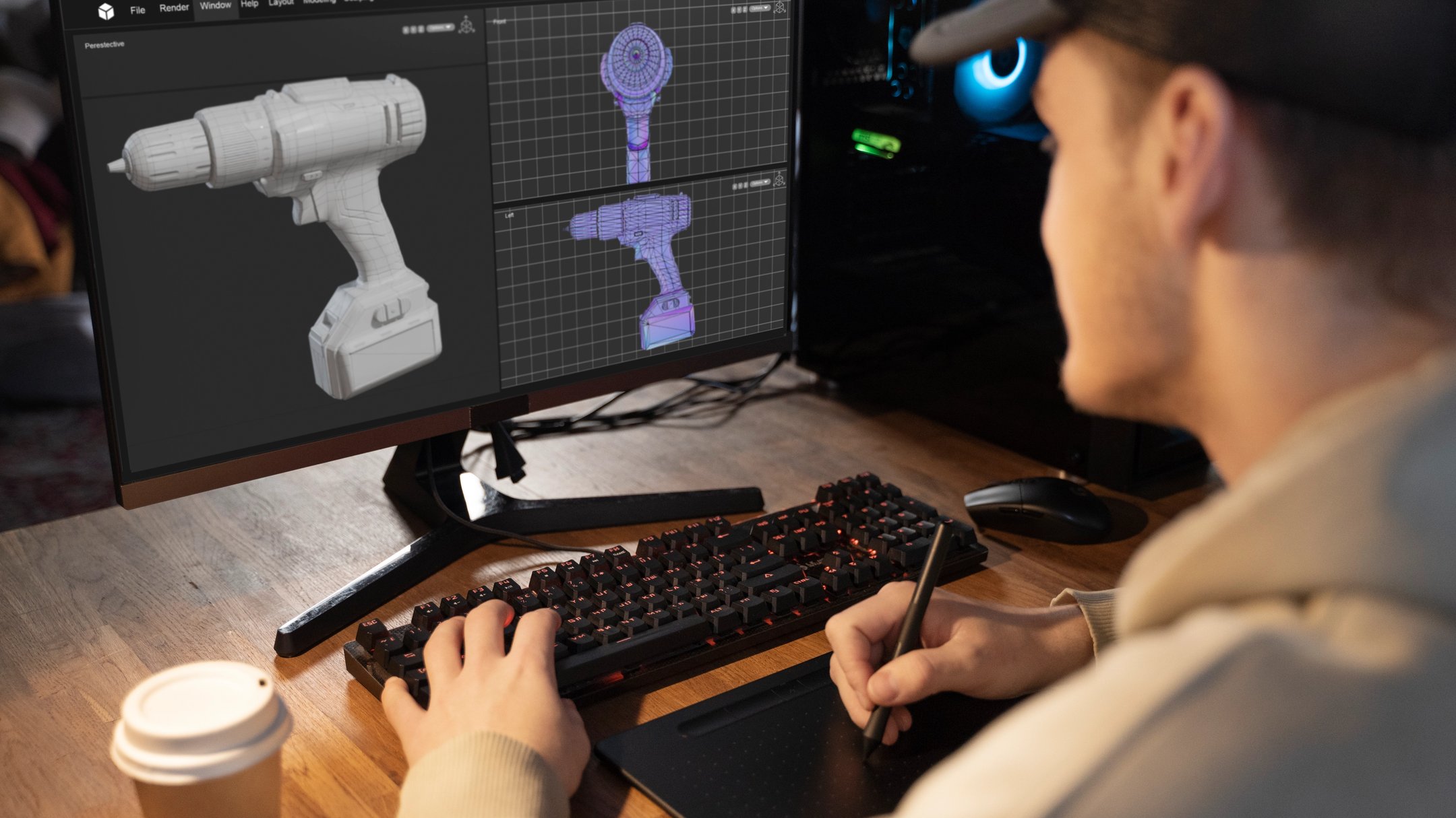 A 3D artist modelling a product at his desk