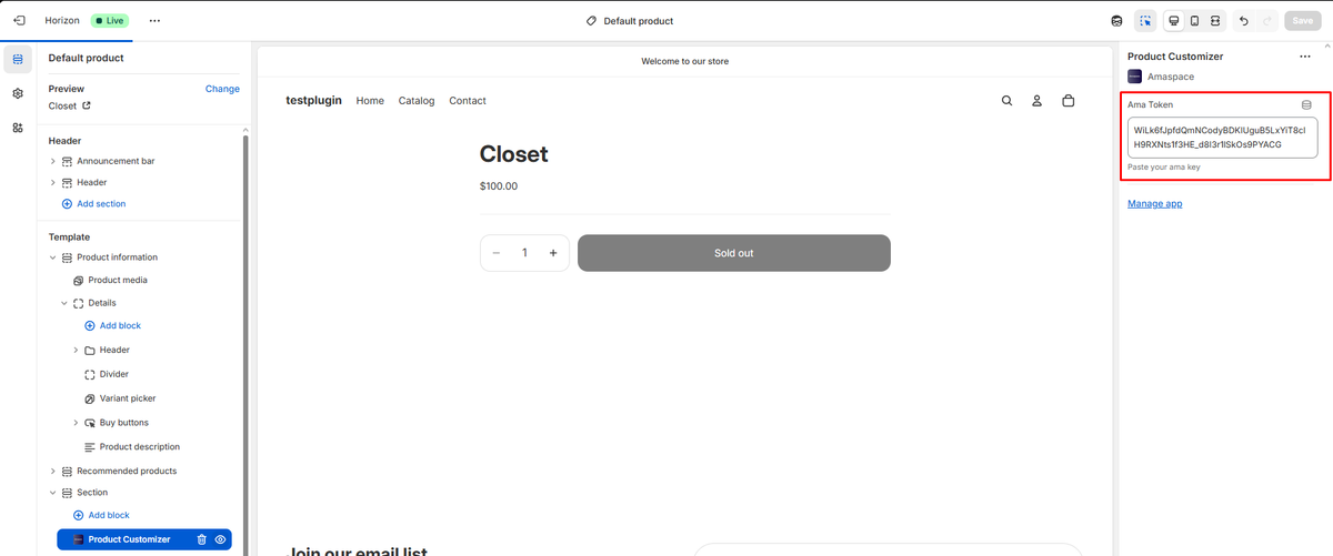 Screenshot of the Shopify theme editor showing the Amaspace Product Customizer app block on the product page and the settings panel with the Ama Token field filled in.