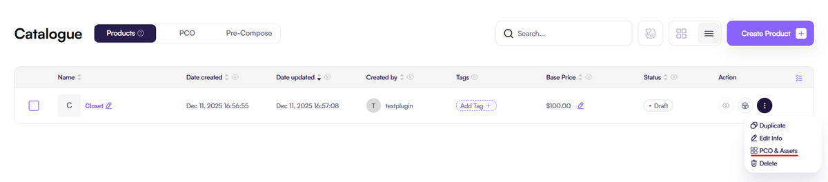 Screenshot of an Amaspace product page with the “PCO & Assets” tab open in the interface.