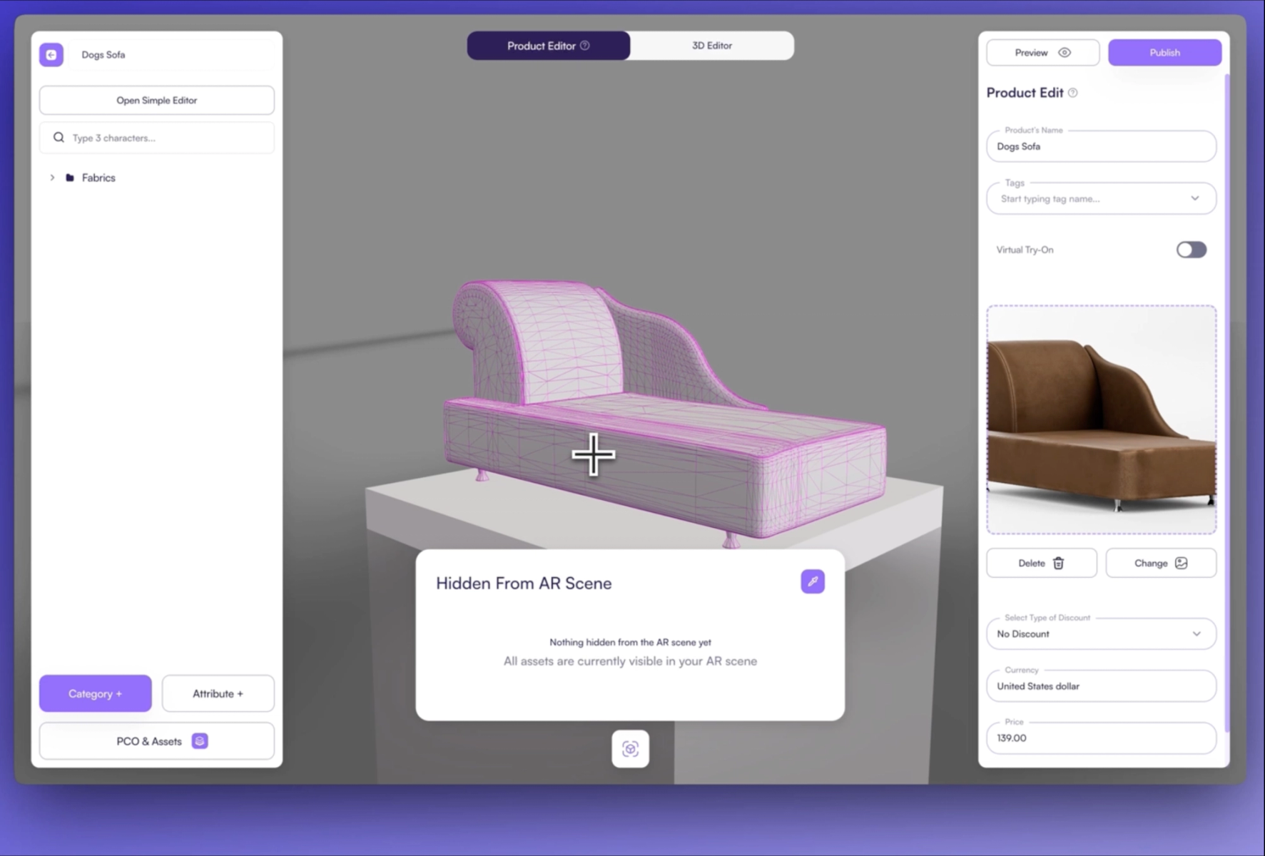 Selecting 3D object with enabled part picker to hide from AR scene