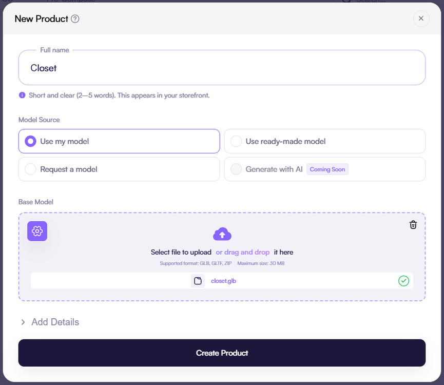Screenshot of the product creation screen with options to upload a 3D model, use the product library, or request a custom model.